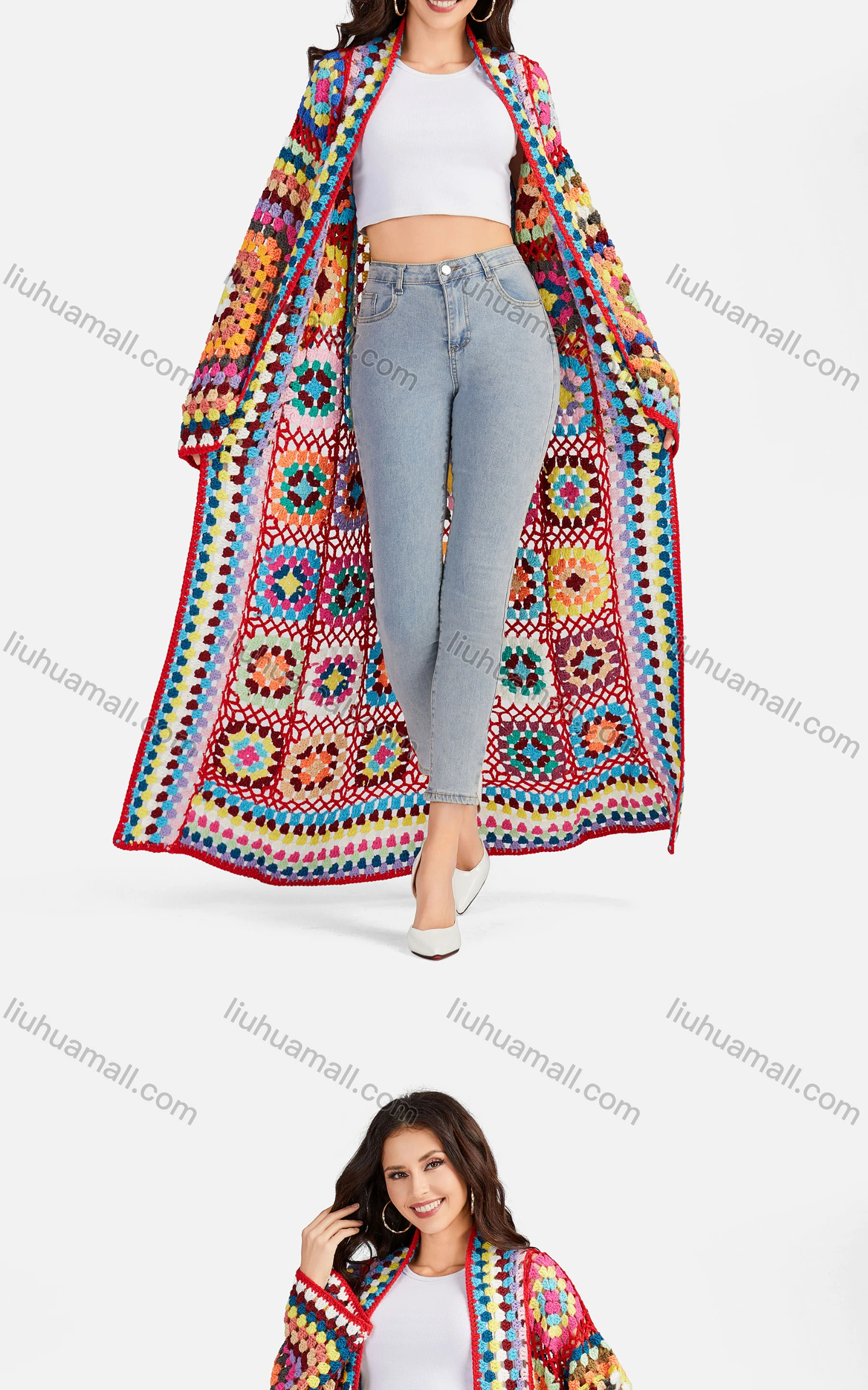Wholesale Women's Casual Long Sleeve Open Front Floral Crochet Long Cardigan A497# - Liuhuamall