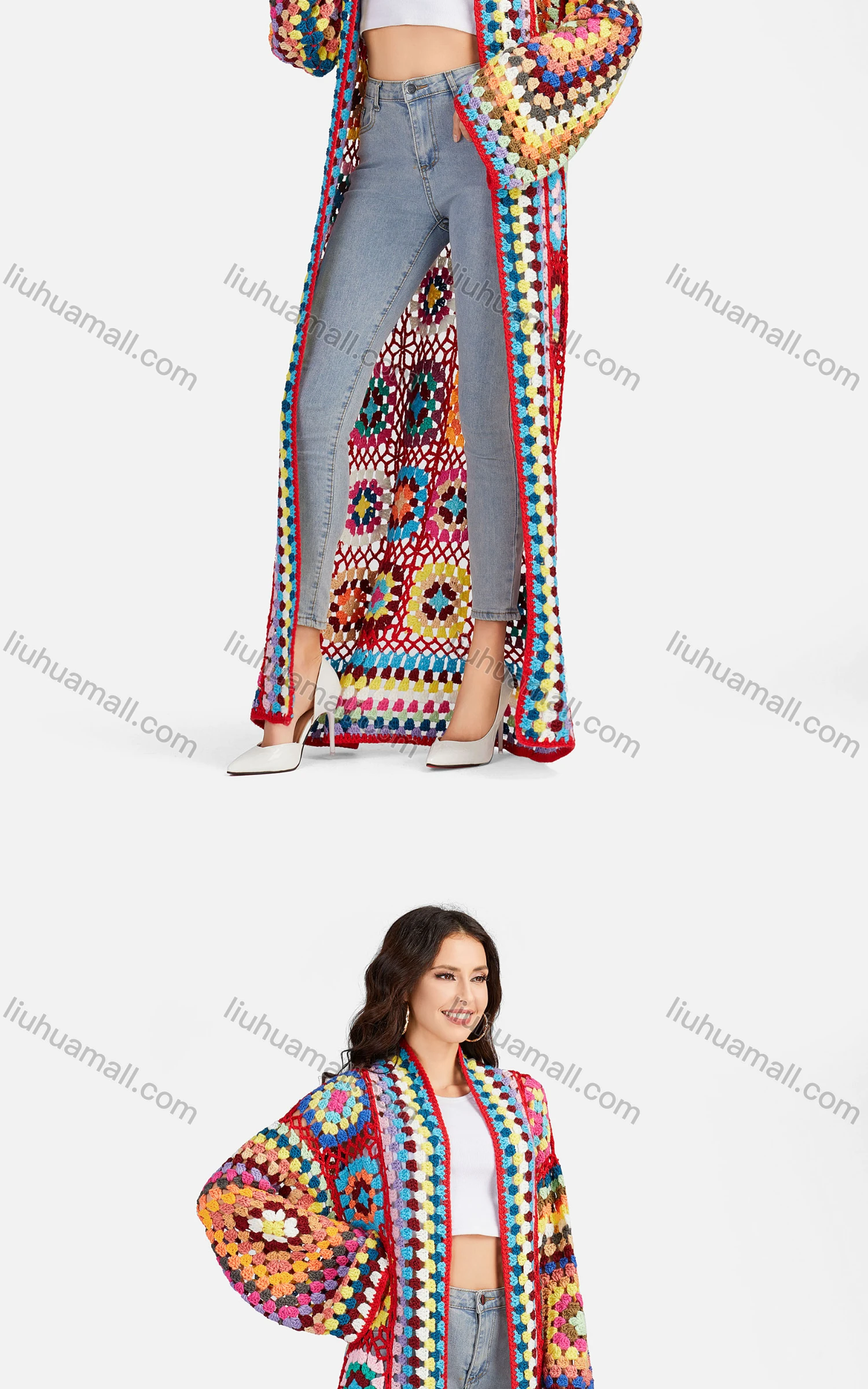 Wholesale Women's Casual Long Sleeve Open Front Floral Crochet Long Cardigan A497# - Liuhuamall