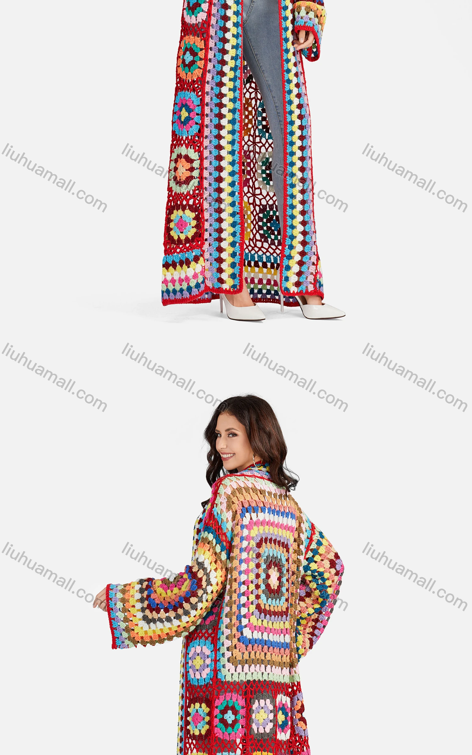 Wholesale Women's Casual Long Sleeve Open Front Floral Crochet Long Cardigan A497# - Liuhuamall