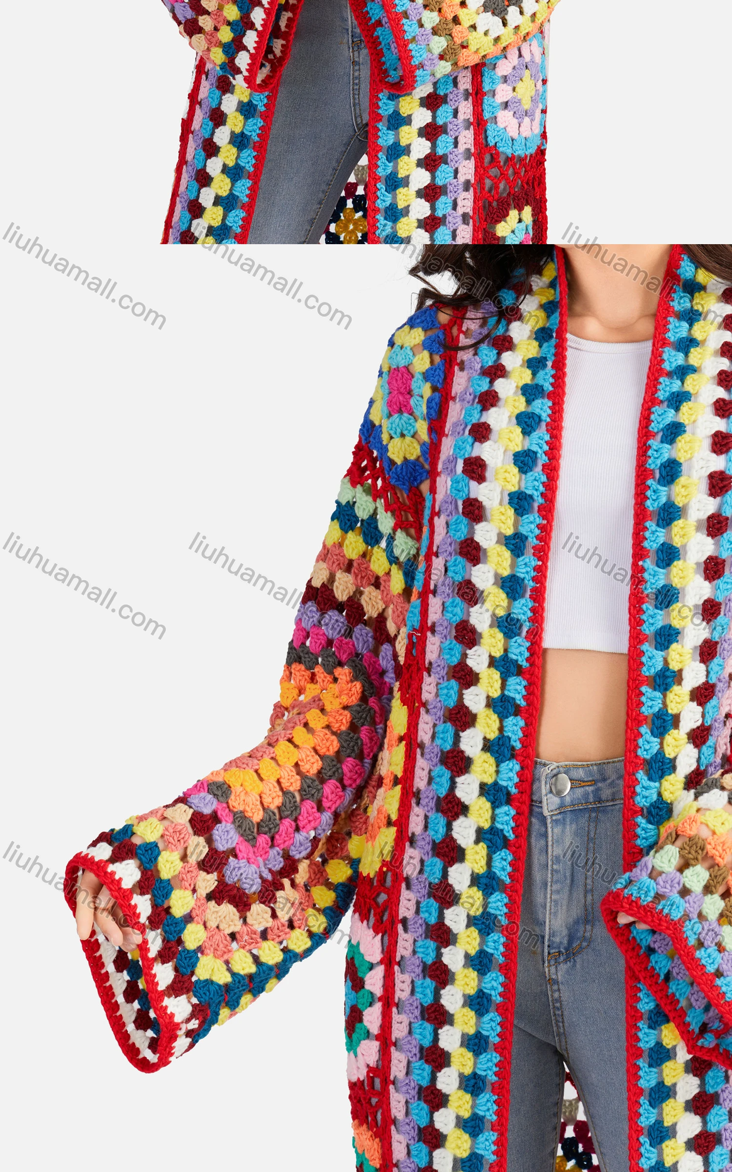 Wholesale Women's Casual Long Sleeve Open Front Floral Crochet Long Cardigan A497# - Liuhuamall