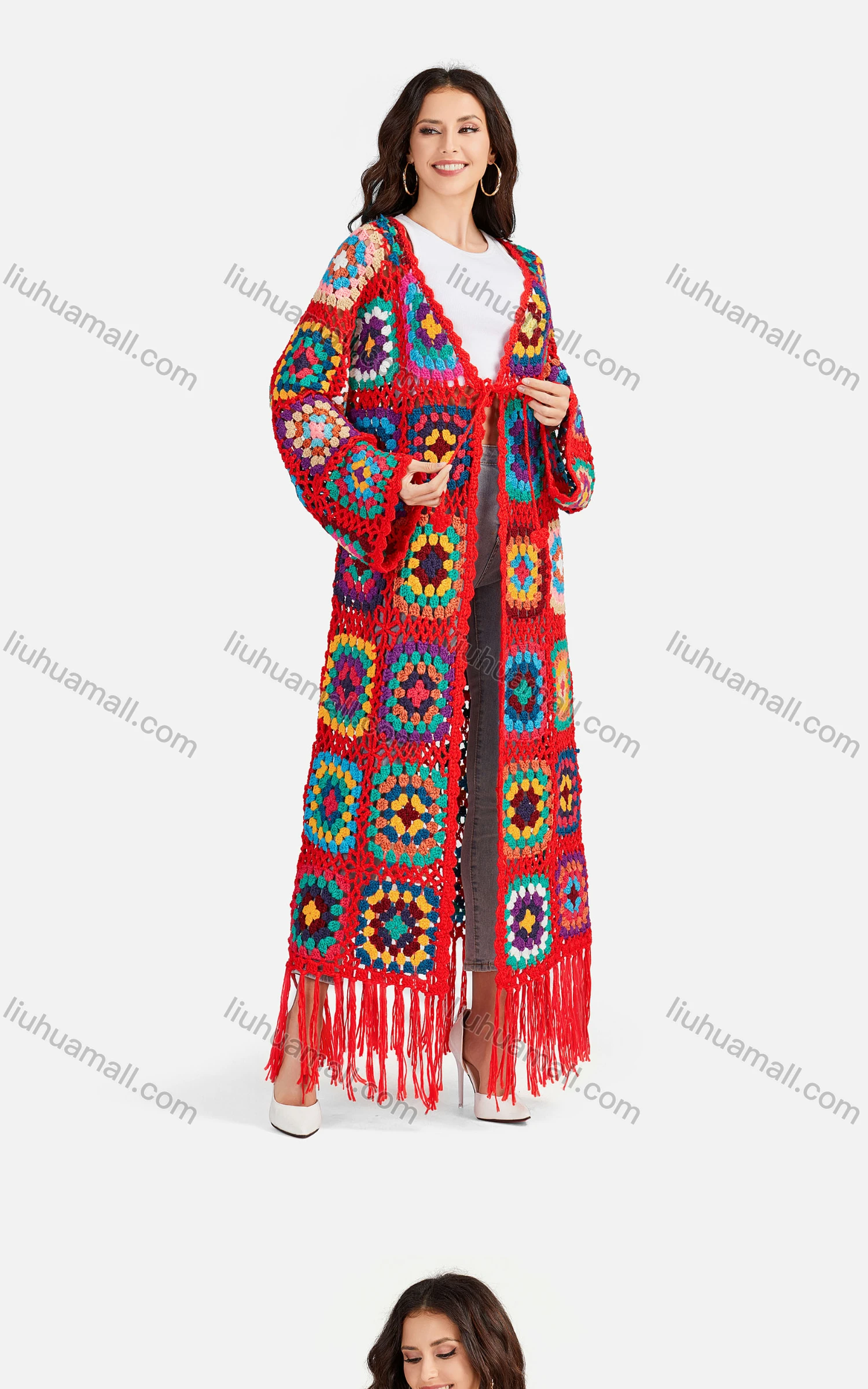 Wholesale Women's Casual Scarf Hem Lace Up Floral Crochet Long Cardigan A502# - Liuhuamall