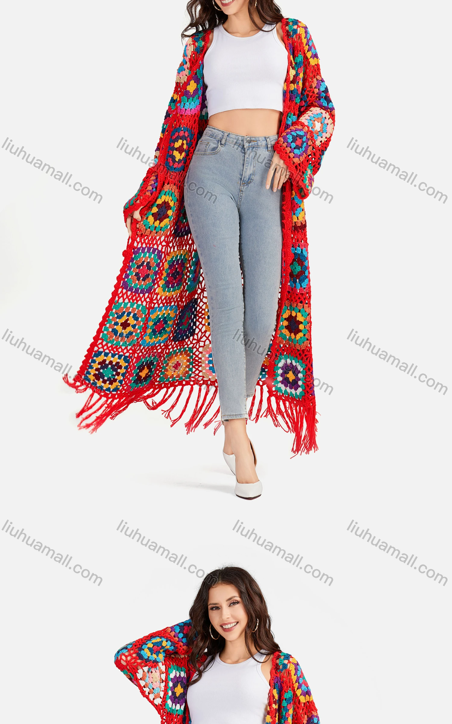 Wholesale Women's Casual Scarf Hem Lace Up Floral Crochet Long Cardigan A502# - Liuhuamall