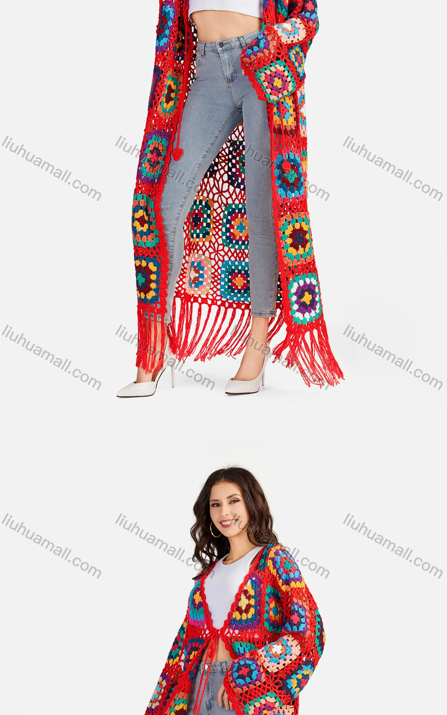 Wholesale Women's Casual Scarf Hem Lace Up Floral Crochet Long Cardigan A502# - Liuhuamall