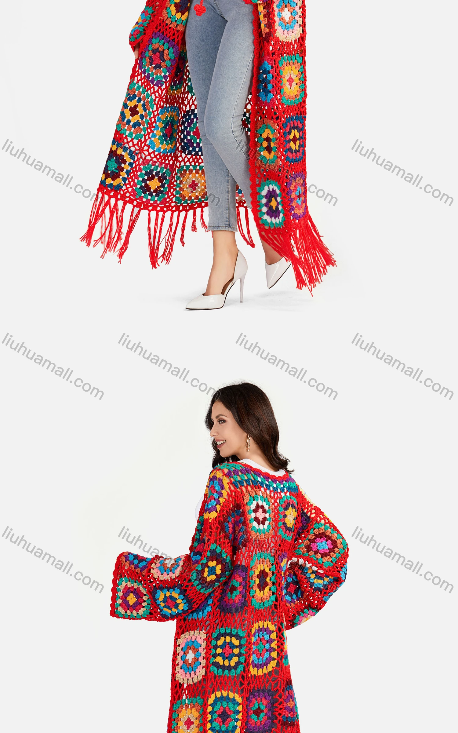 Wholesale Women's Casual Scarf Hem Lace Up Floral Crochet Long Cardigan A502# - Liuhuamall