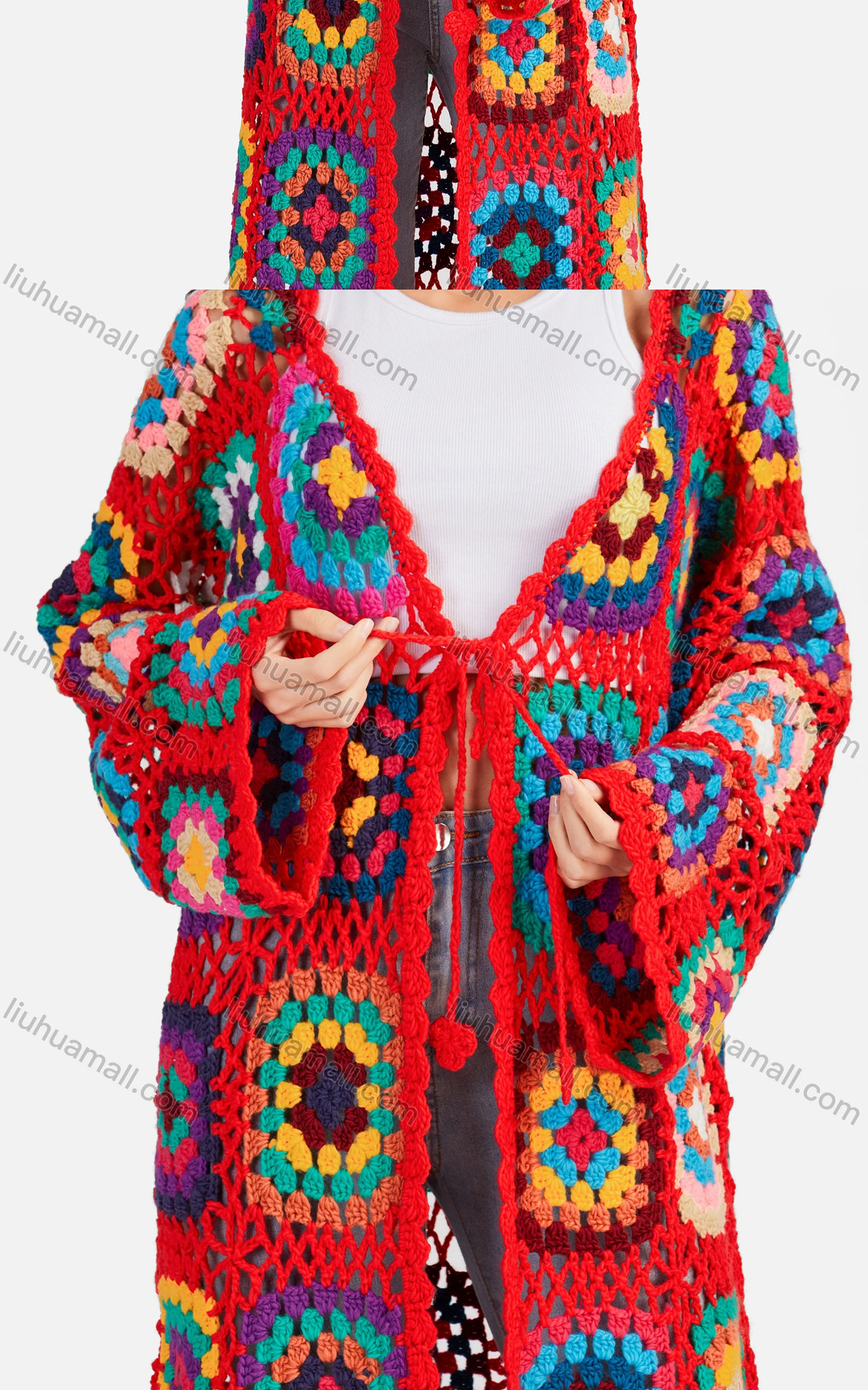 Wholesale Women's Casual Scarf Hem Lace Up Floral Crochet Long Cardigan A502# - Liuhuamall