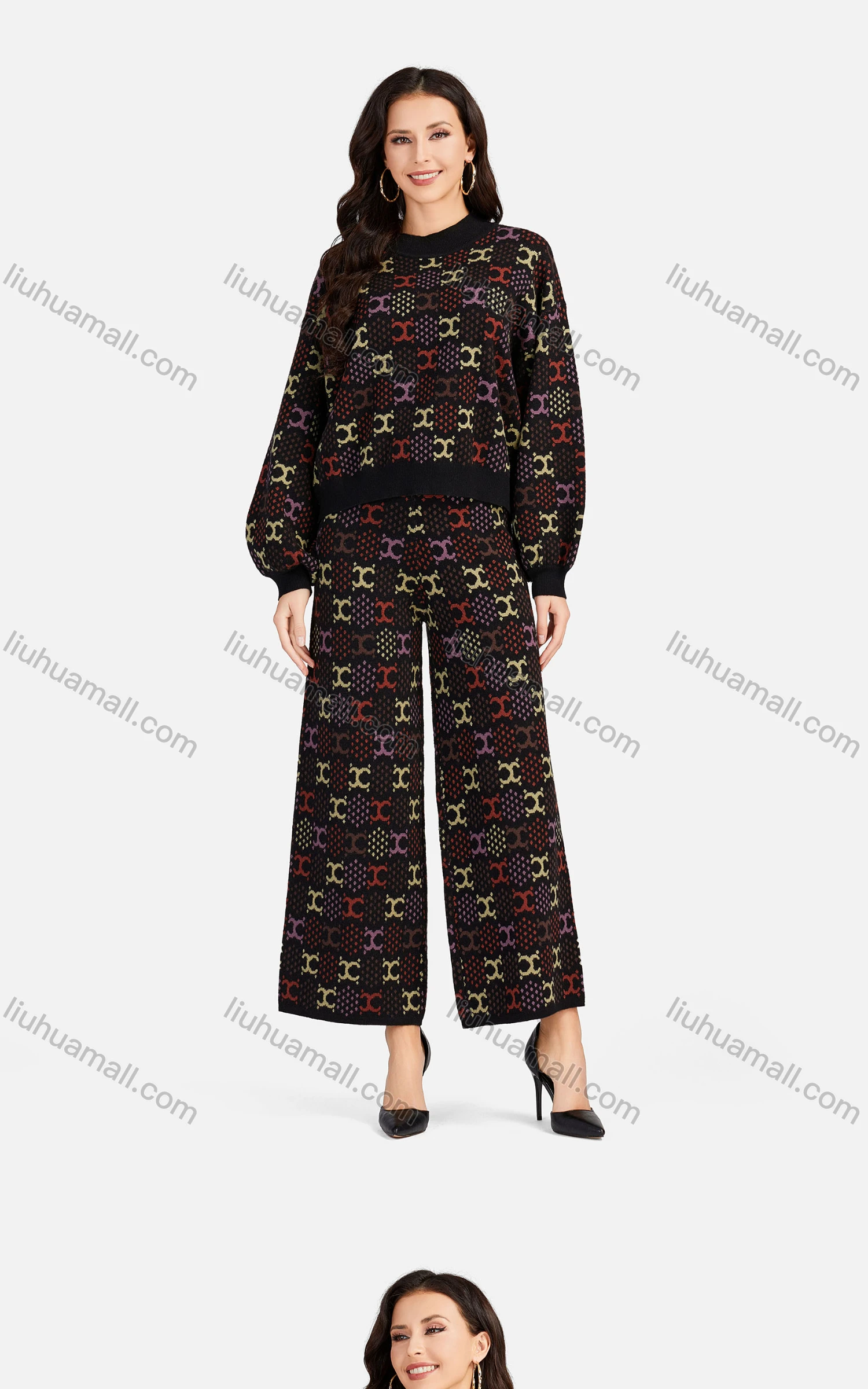 Wholesale Women's Casual Polka Dot Mock Neck Crop Knit Blouse 2-piece Set A494&A495# - Liuhuamall