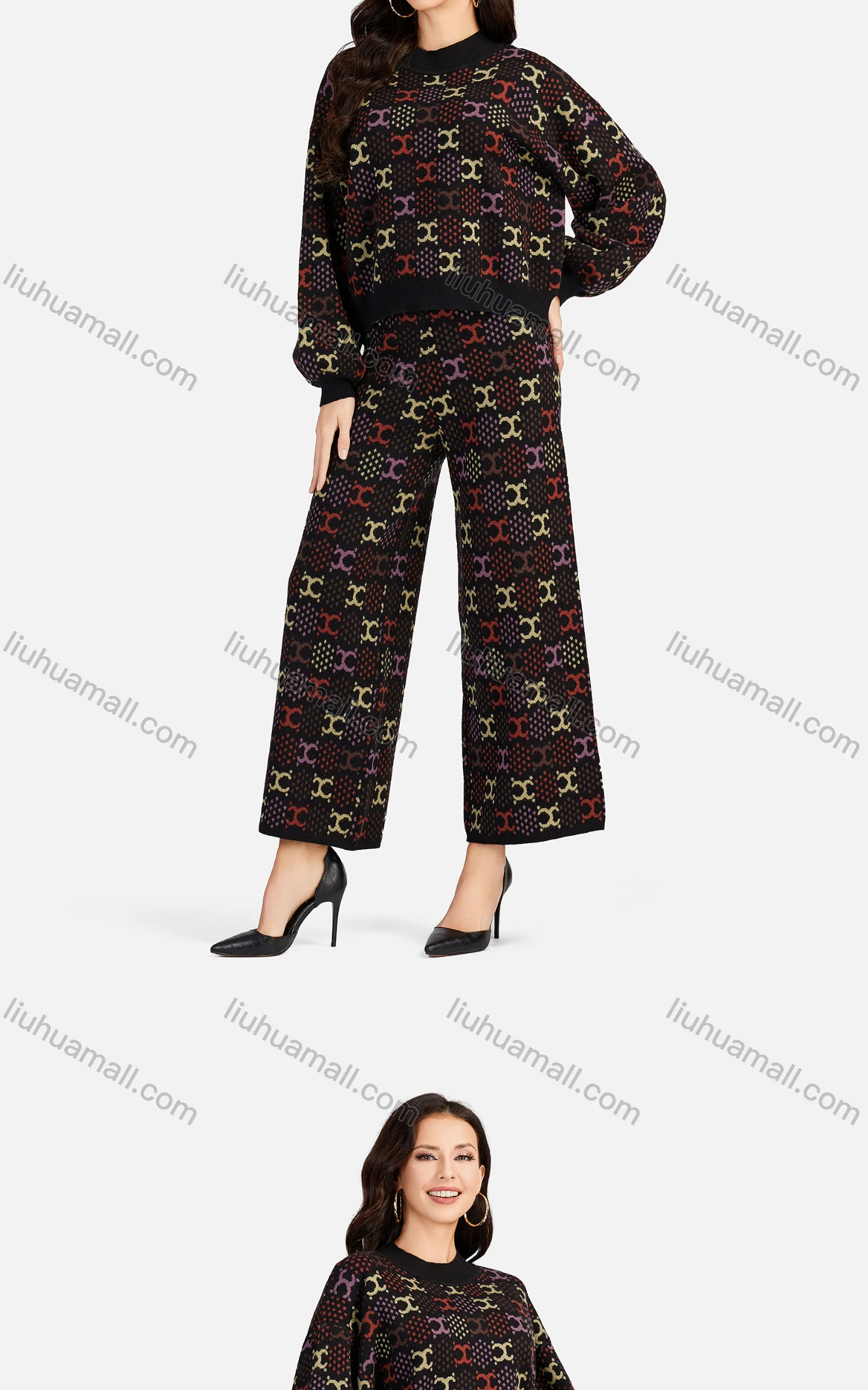 Wholesale Women's Casual Polka Dot Mock Neck Crop Knit Blouse 2-piece Set A494&A495# - Liuhuamall