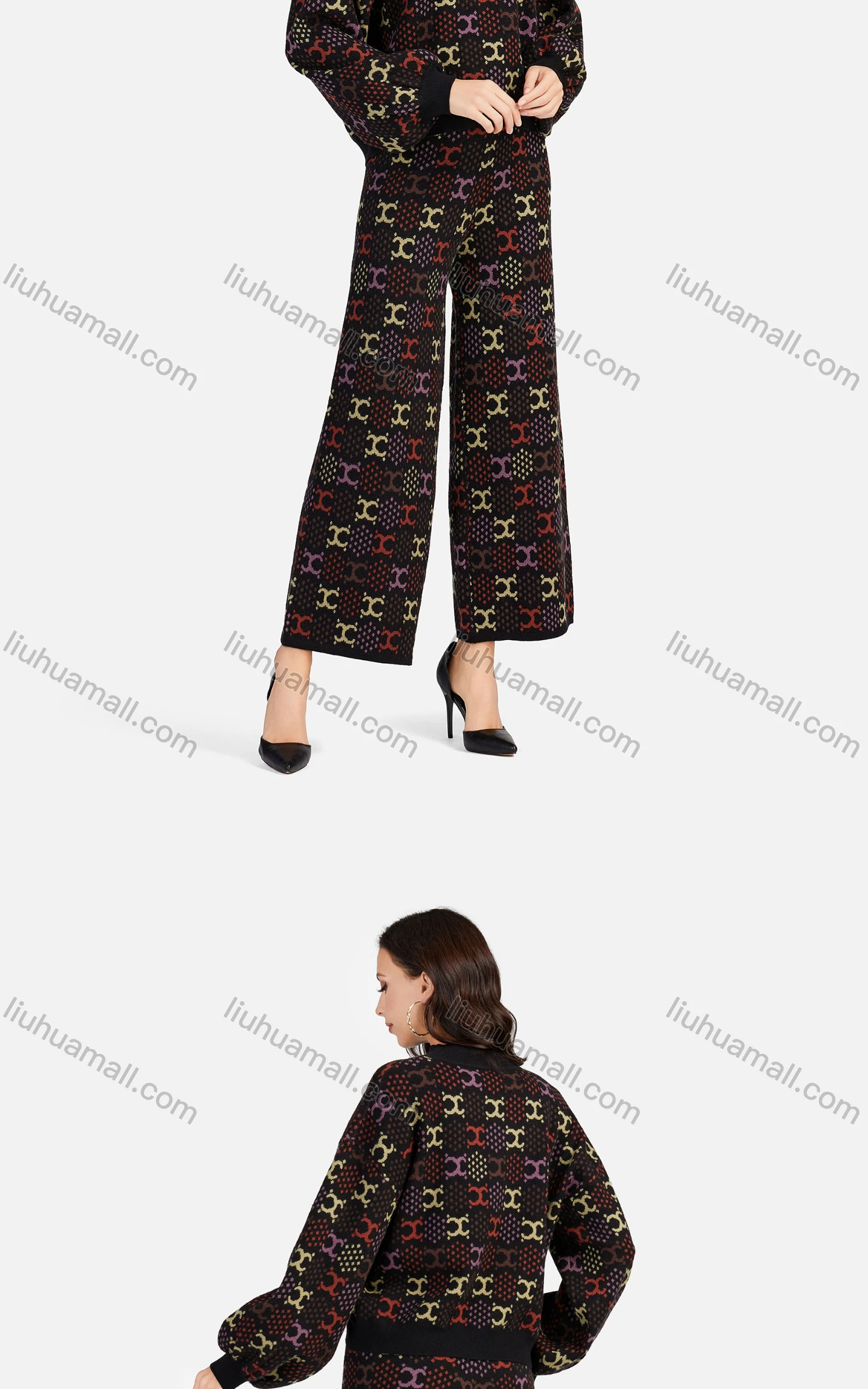 Wholesale Women's Casual Polka Dot Mock Neck Crop Knit Blouse 2-piece Set A494&A495# - Liuhuamall