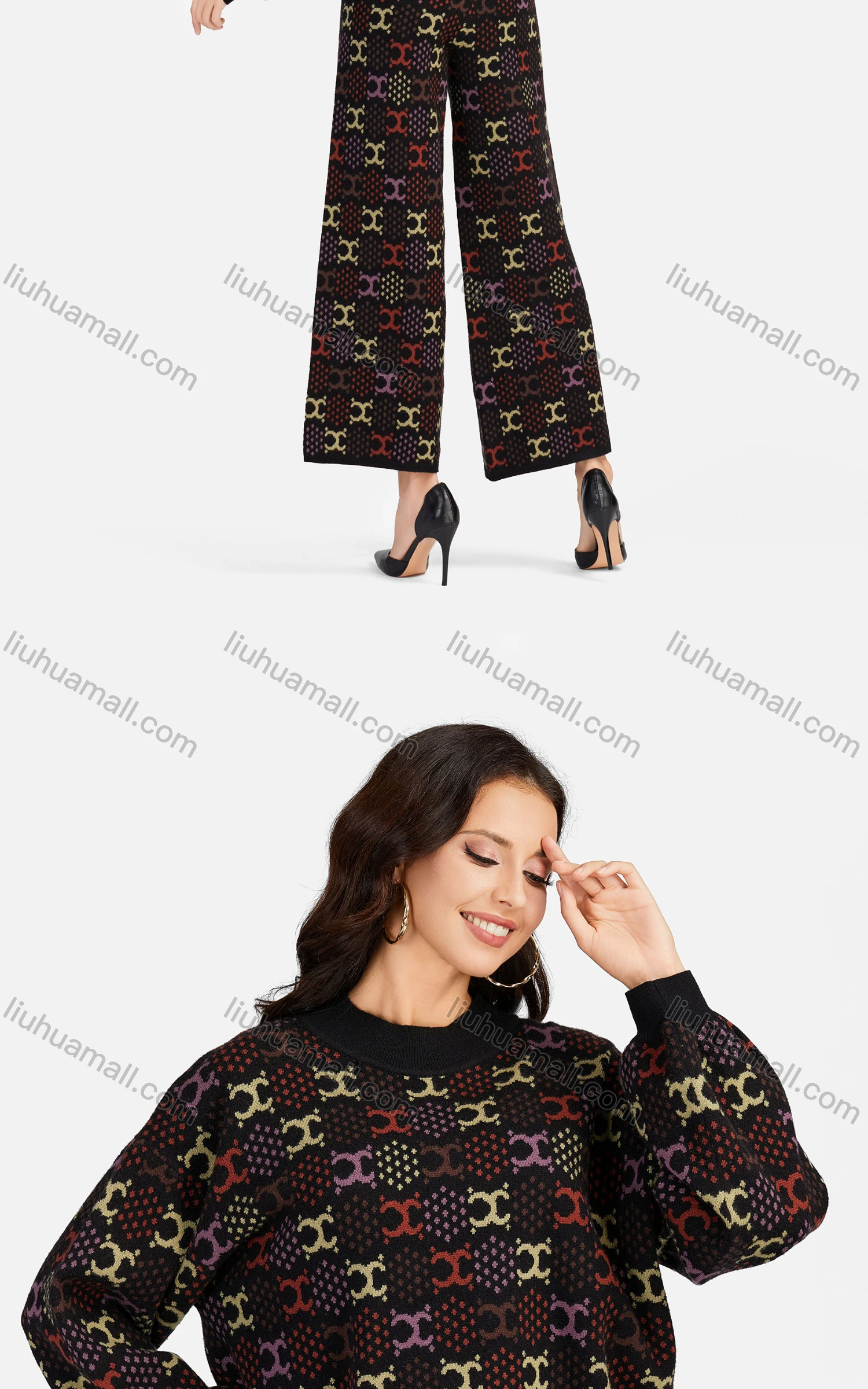 Wholesale Women's Casual Polka Dot Mock Neck Crop Knit Blouse 2-piece Set A494&A495# - Liuhuamall
