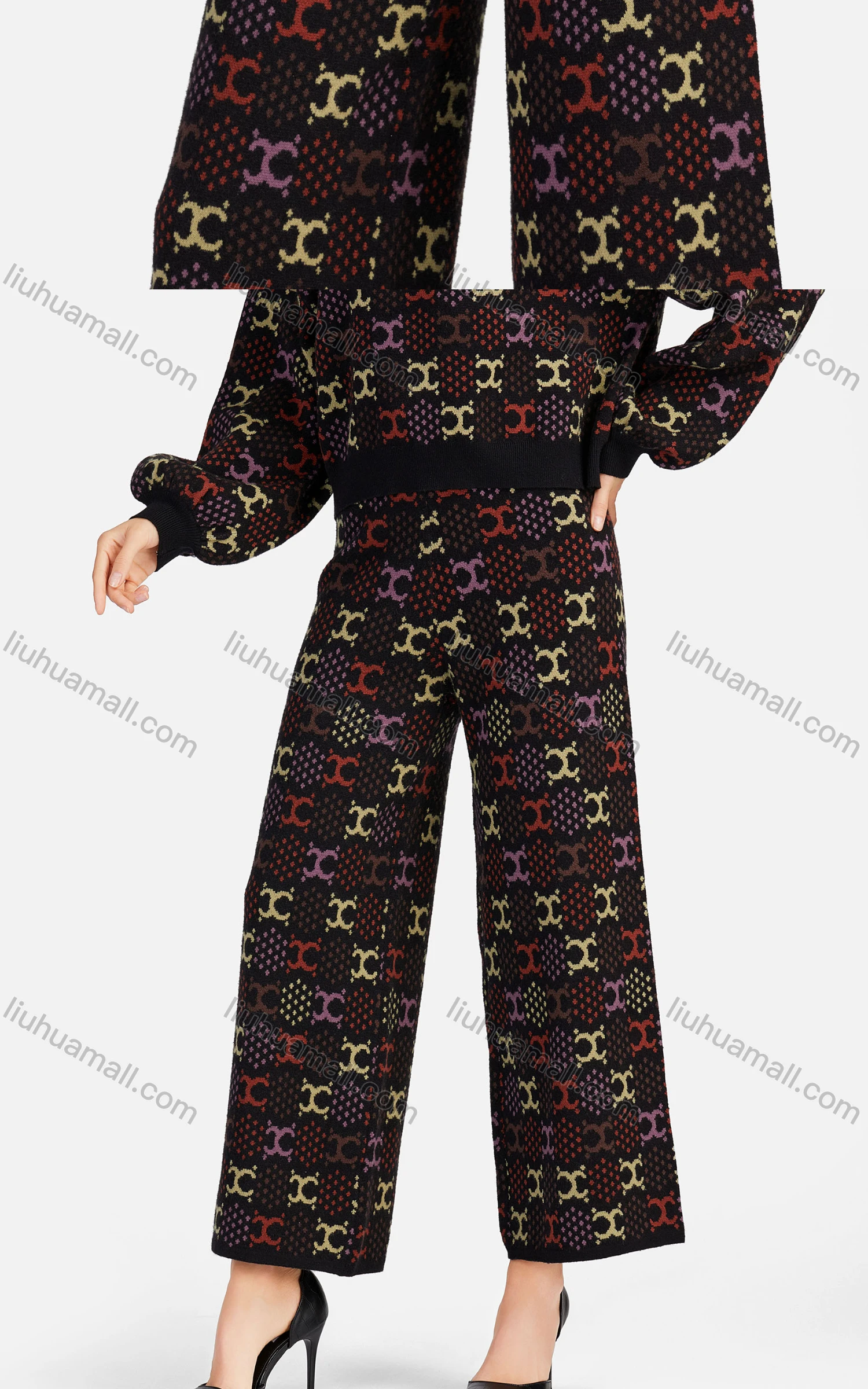Wholesale Women's Casual Polka Dot Mock Neck Crop Knit Blouse 2-piece Set A494&A495# - Liuhuamall