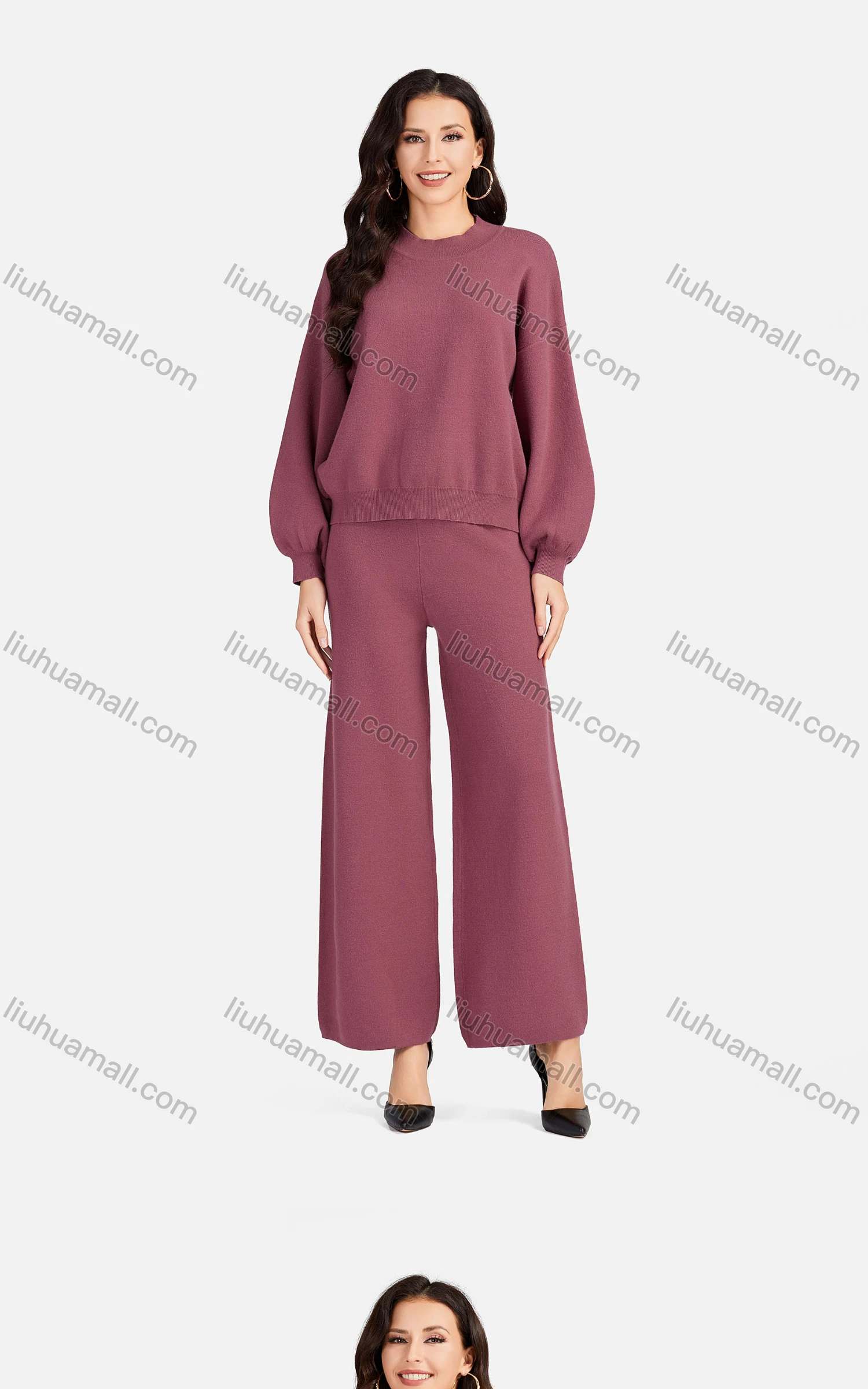 Wholesale Women's Casual Mock Neck Crop Knit Blouse 2-piece Set A467&A468# - Liuhuamall