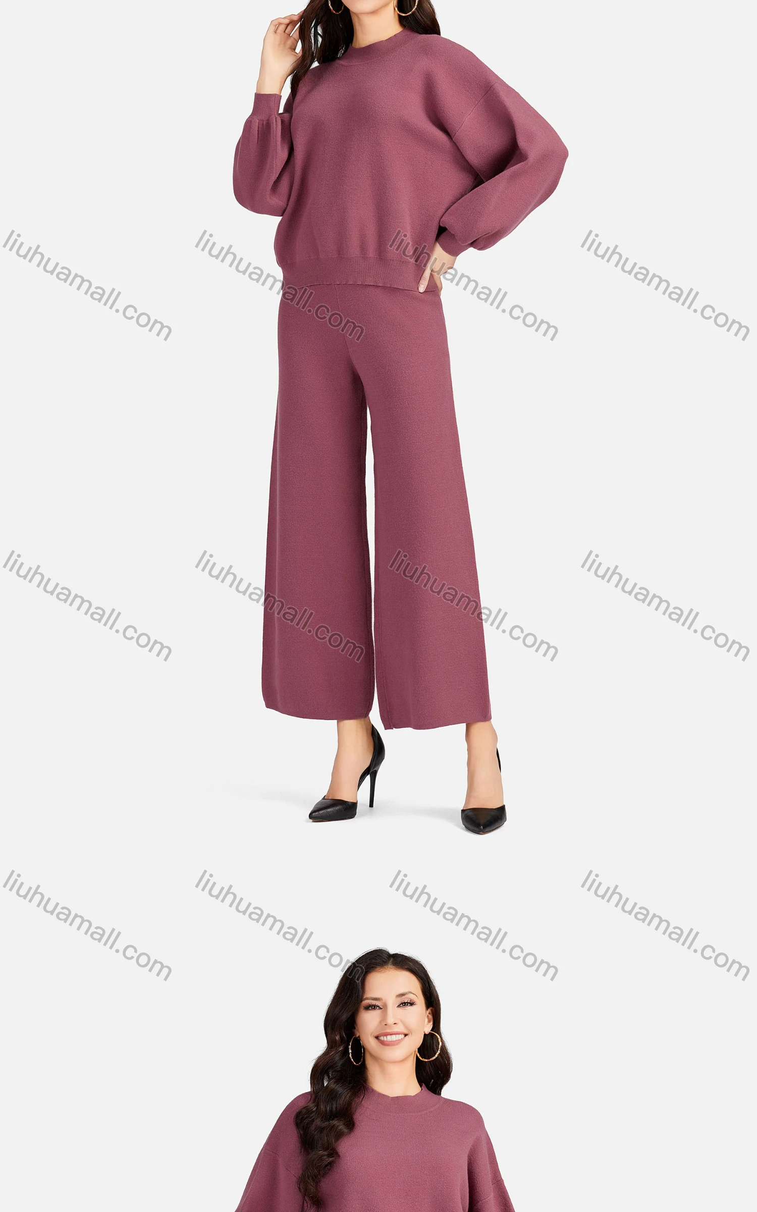 Wholesale Women's Casual Mock Neck Crop Knit Blouse 2-piece Set A467&A468# - Liuhuamall