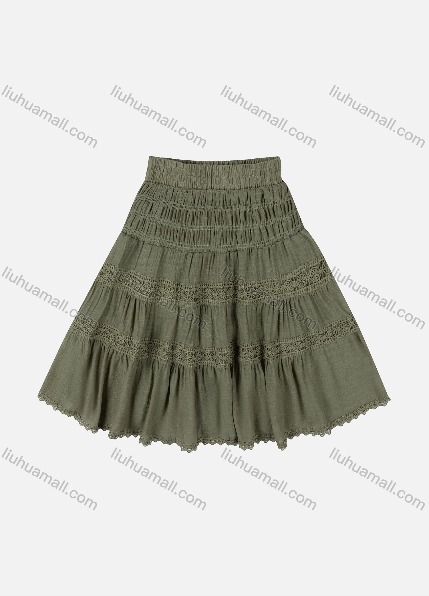 Wholesale Girls' Casual  Plain Elastic Waist Ruched Embroidered Ruffle Hem Lace Trim Maxi Skirt - Liuhuamall