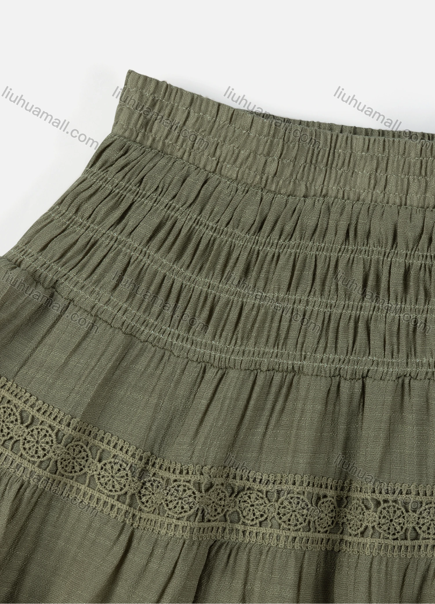 Wholesale Girls' Casual  Plain Elastic Waist Ruched Embroidered Ruffle Hem Lace Trim Maxi Skirt - Liuhuamall