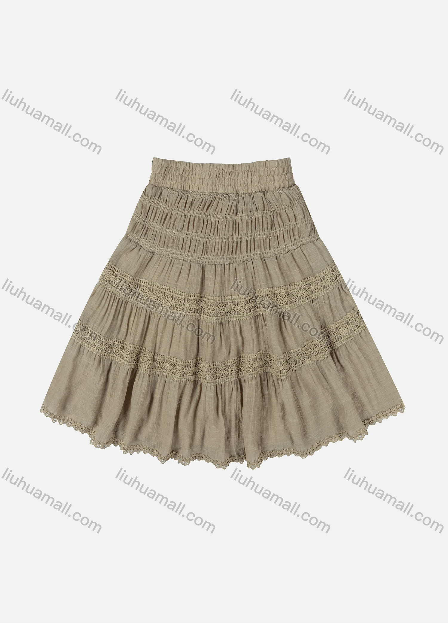 Wholesale Girls' Casual  Plain Elastic Waist Ruched Embroidered Ruffle Hem Lace Trim Maxi Skirt - Liuhuamall