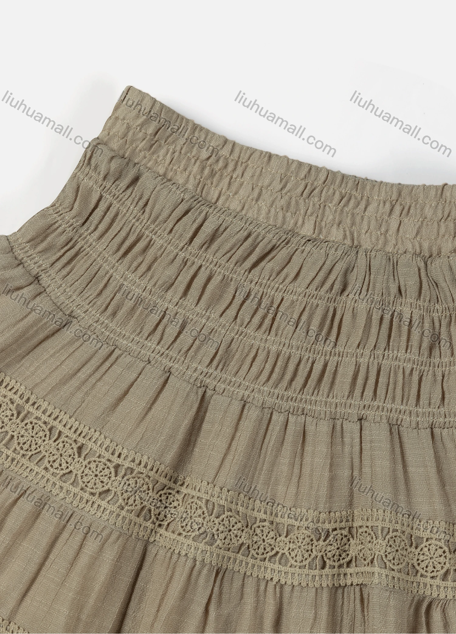 Wholesale Girls' Casual  Plain Elastic Waist Ruched Embroidered Ruffle Hem Lace Trim Maxi Skirt - Liuhuamall