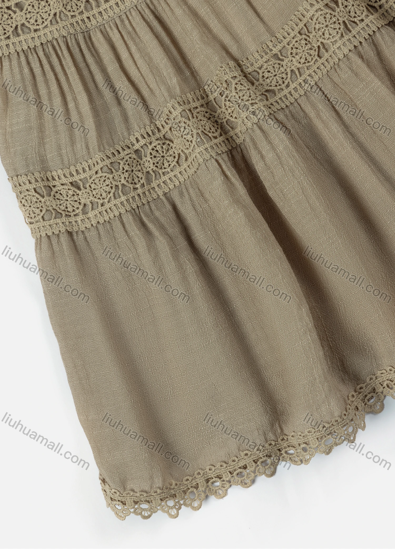 Wholesale Girls' Casual  Plain Elastic Waist Ruched Embroidered Ruffle Hem Lace Trim Maxi Skirt - Liuhuamall