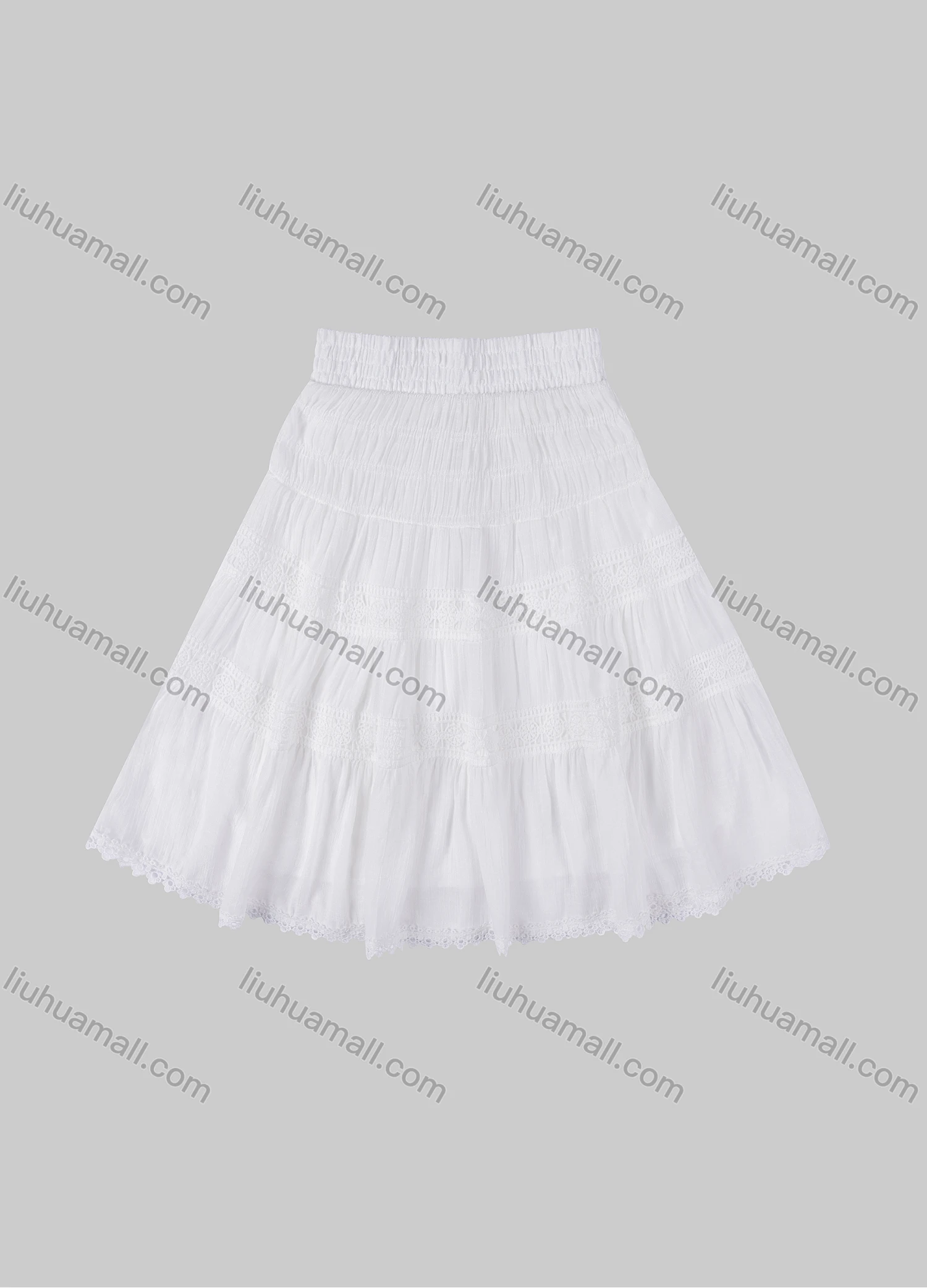Wholesale Girls' Casual  Plain Elastic Waist Ruched Embroidered Ruffle Hem Lace Trim Maxi Skirt - Liuhuamall