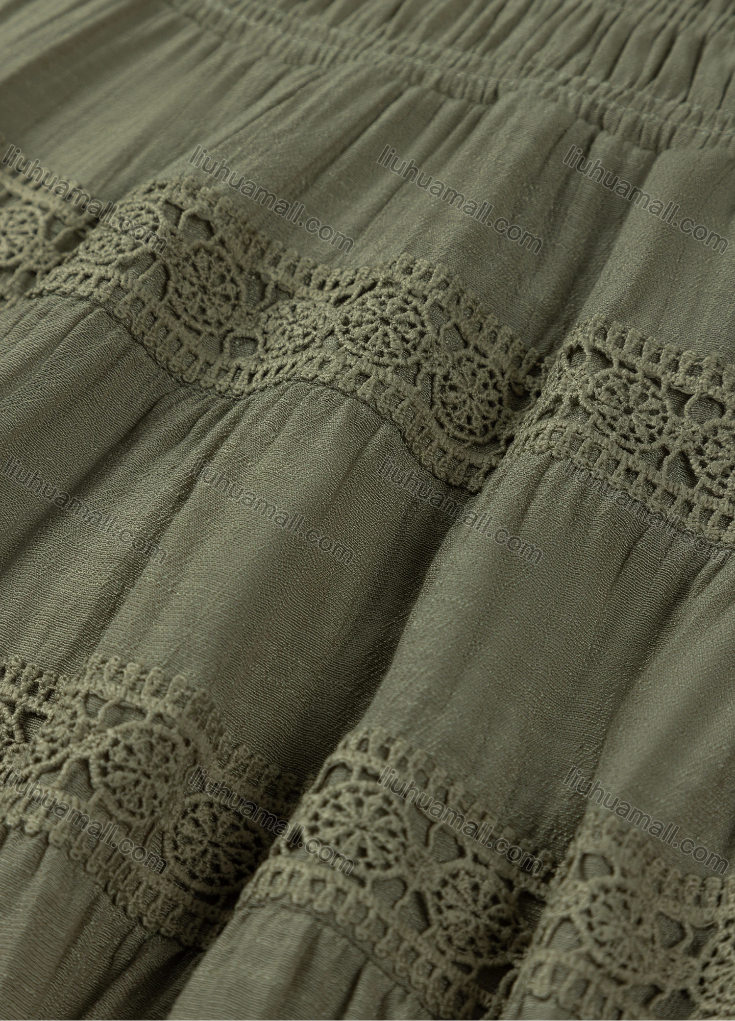 Wholesale Girls' Casual  Plain Elastic Waist Ruched Embroidered Ruffle Hem Lace Trim Maxi Skirt - Liuhuamall