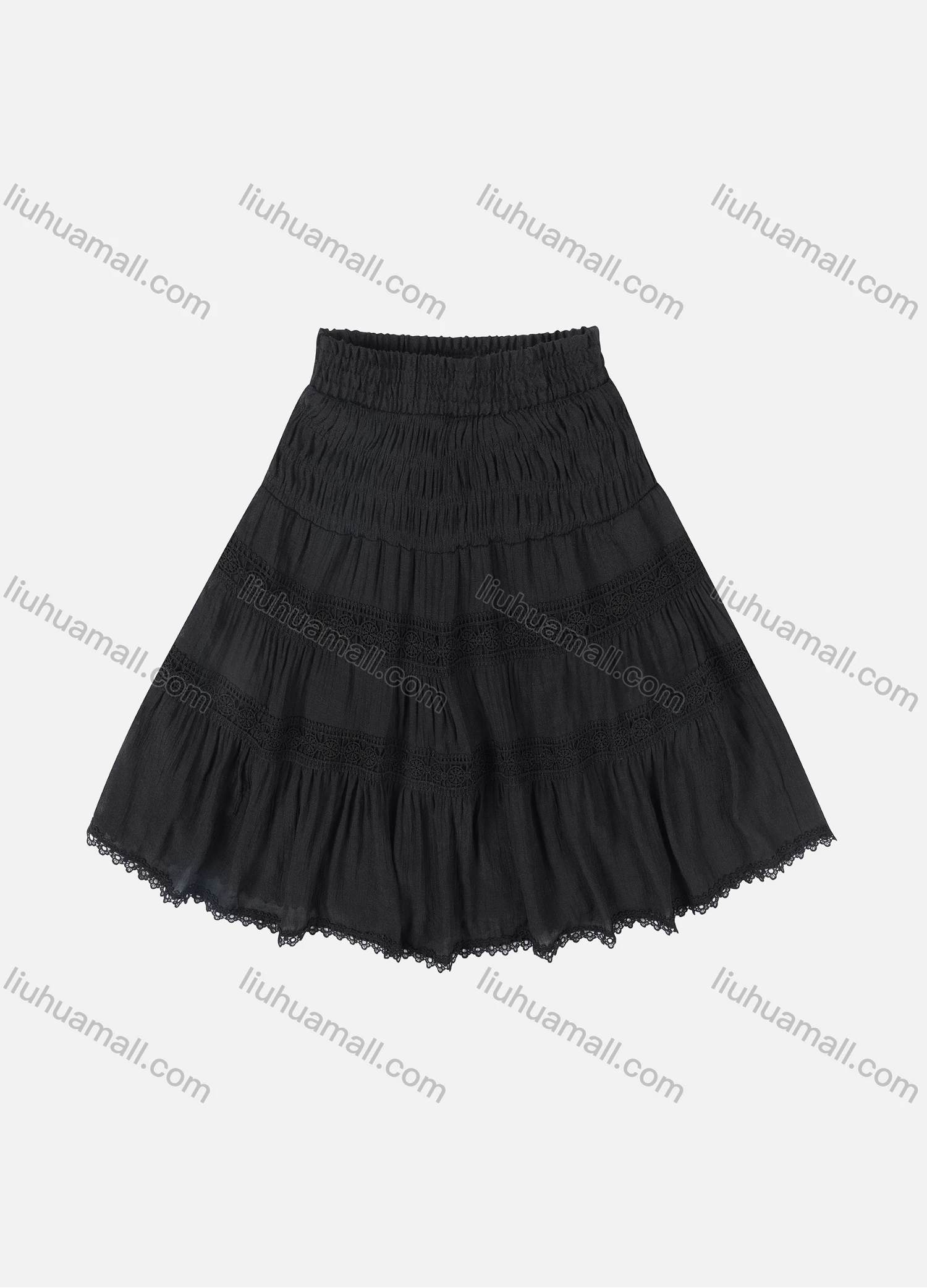 Wholesale Girls' Casual  Plain Elastic Waist Ruched Embroidered Ruffle Hem Lace Trim Maxi Skirt - Liuhuamall