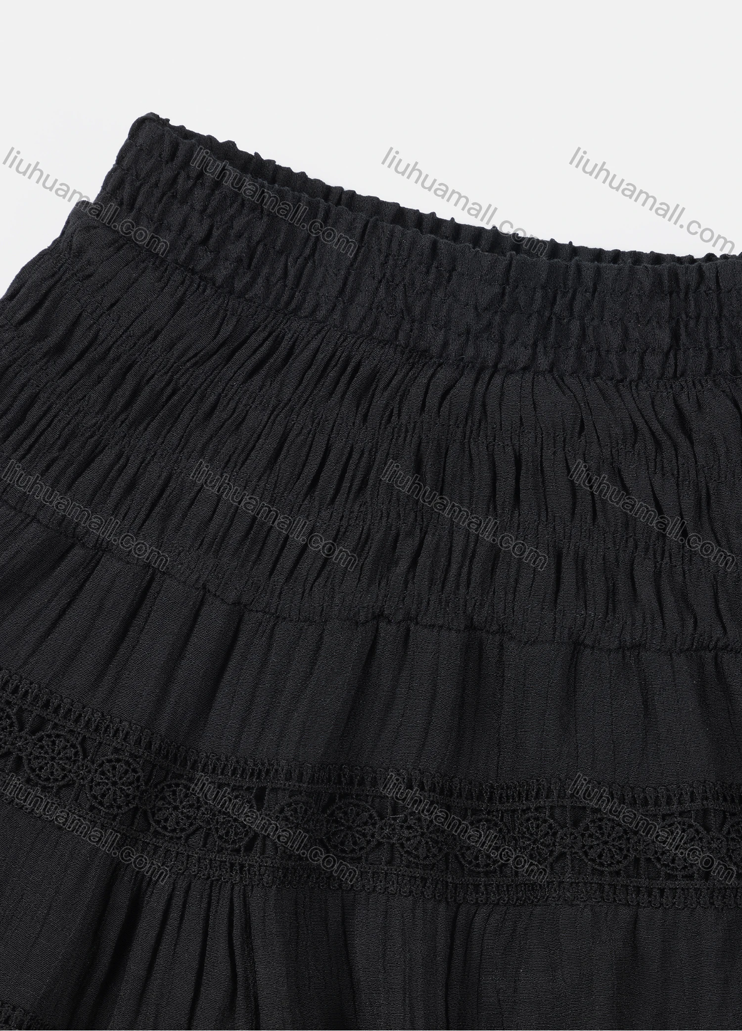 Wholesale Girls' Casual  Plain Elastic Waist Ruched Embroidered Ruffle Hem Lace Trim Maxi Skirt - Liuhuamall
