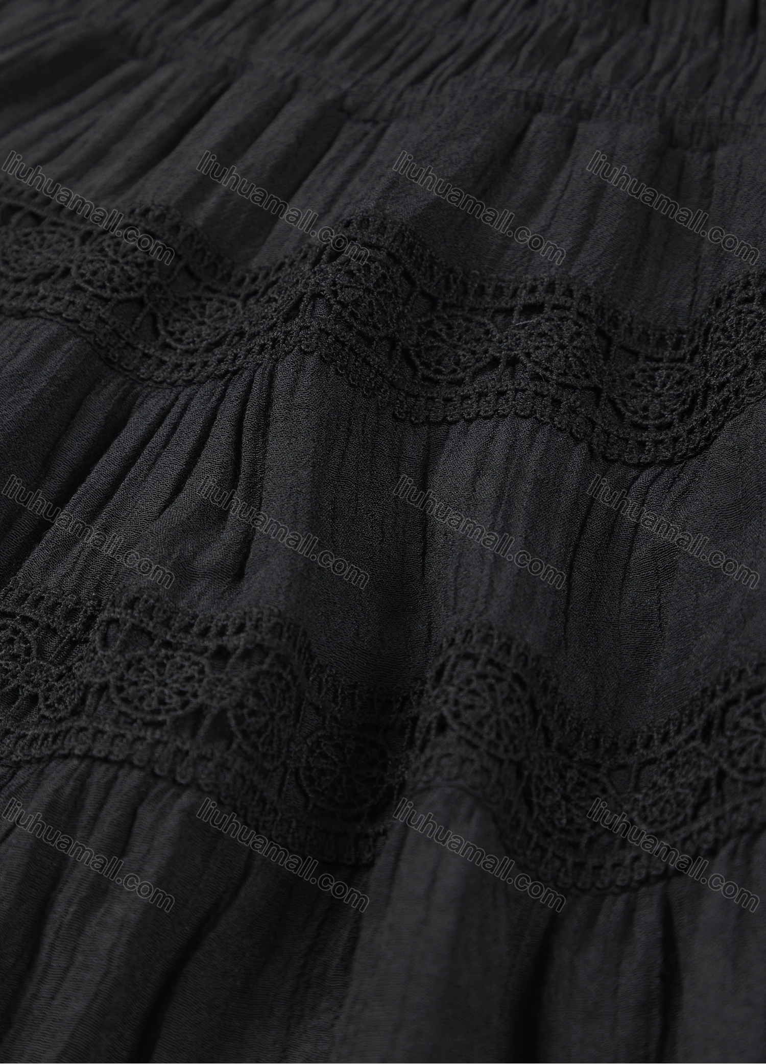 Wholesale Girls' Casual  Plain Elastic Waist Ruched Embroidered Ruffle Hem Lace Trim Maxi Skirt - Liuhuamall