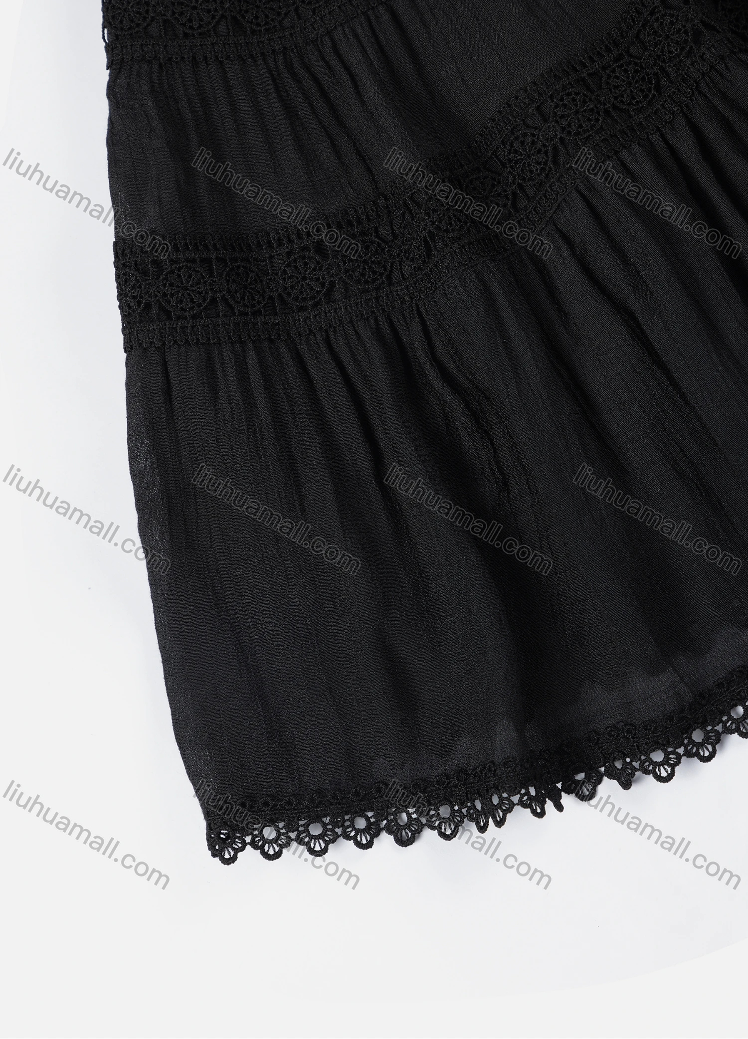 Wholesale Girls' Casual  Plain Elastic Waist Ruched Embroidered Ruffle Hem Lace Trim Maxi Skirt - Liuhuamall