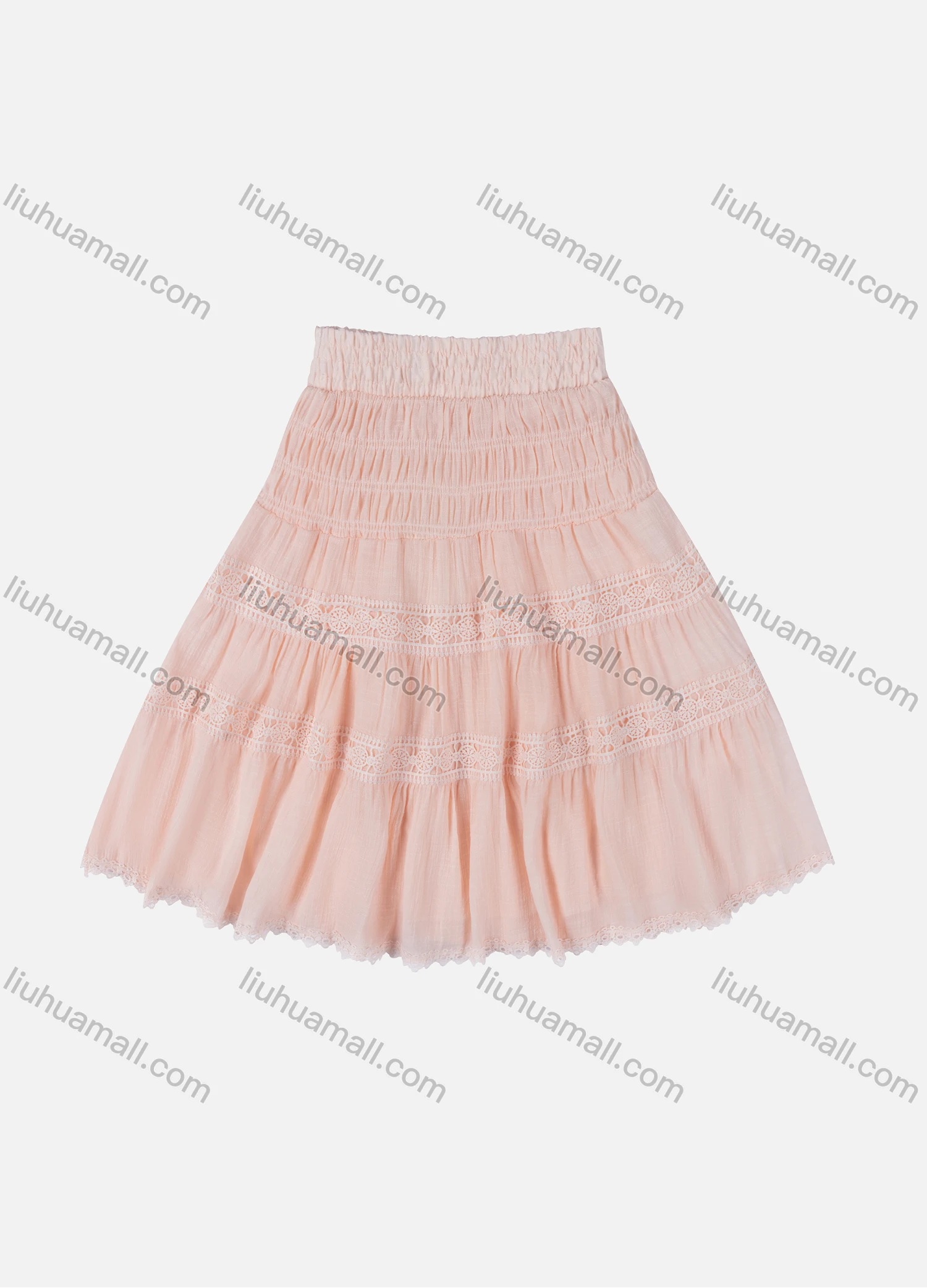 Wholesale Girls' Casual  Plain Elastic Waist Ruched Embroidered Ruffle Hem Lace Trim Maxi Skirt - Liuhuamall