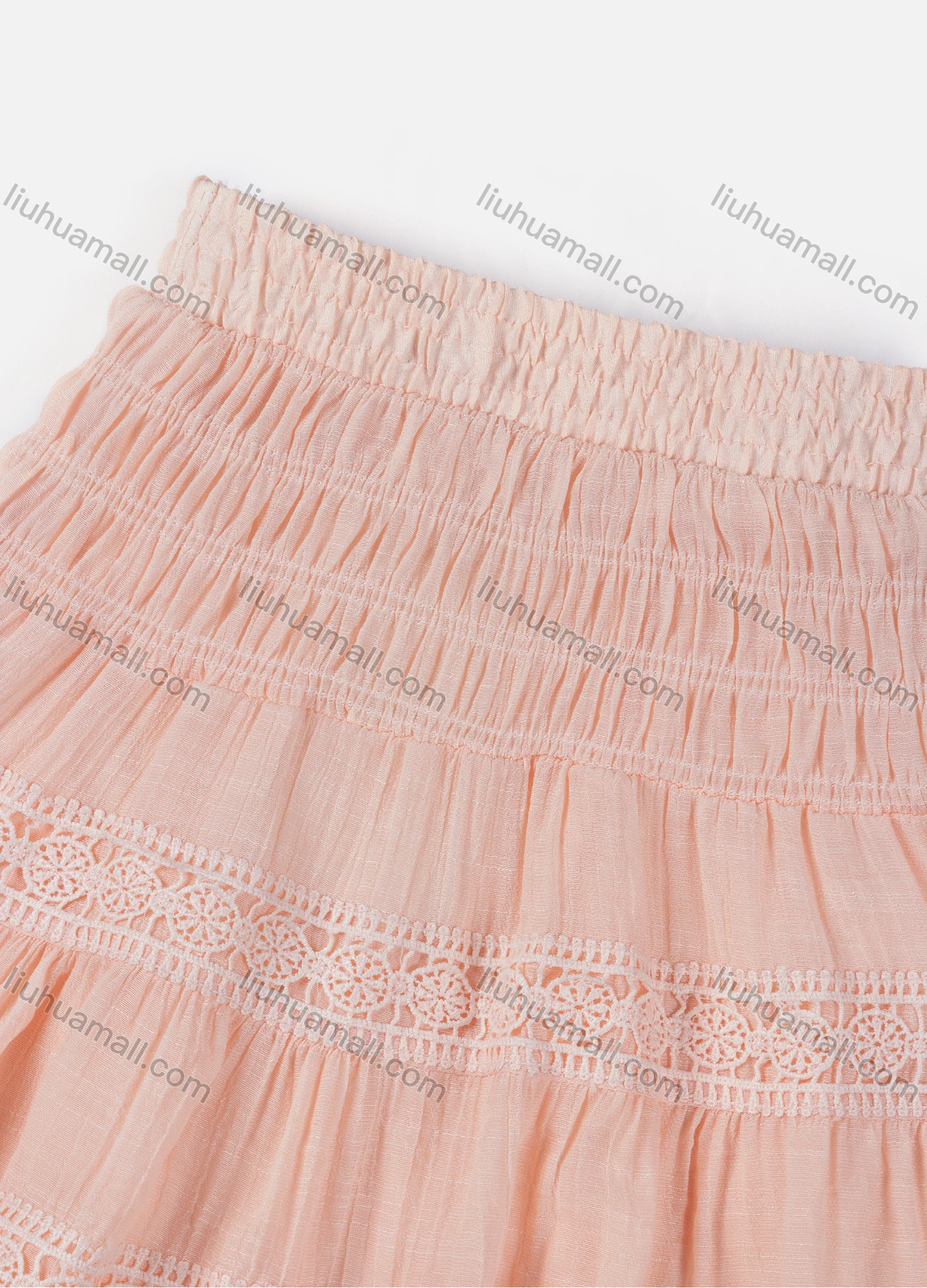 Wholesale Girls' Casual  Plain Elastic Waist Ruched Embroidered Ruffle Hem Lace Trim Maxi Skirt - Liuhuamall