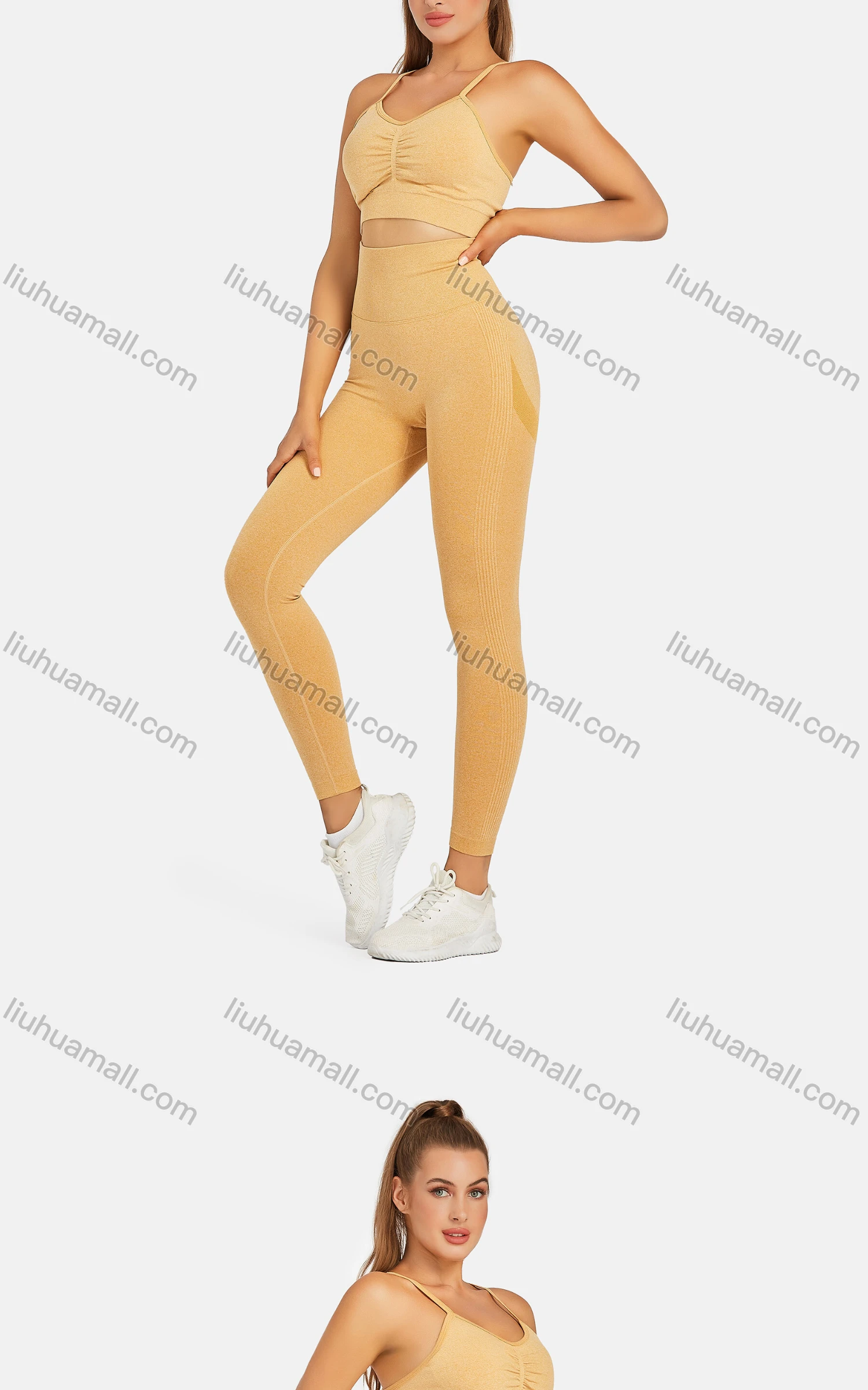 Wholesale Women's Athletic Plain Ruched Spaghetti Strap Bralettes & High Waist Leggings 2 Piece Sports Yoga Set 8035# - Liuhuamall