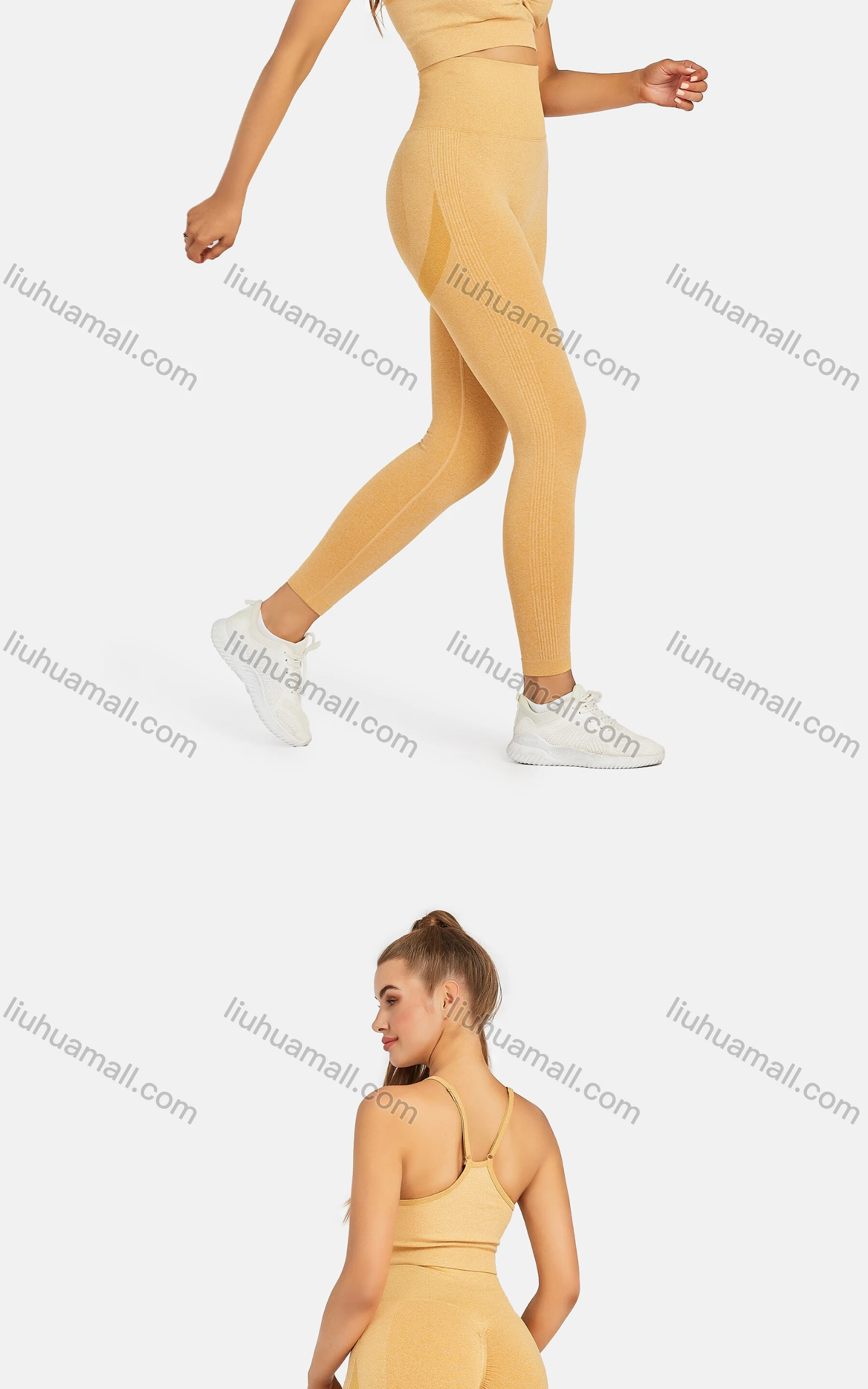 Wholesale Women's Athletic Plain Ruched Spaghetti Strap Bralettes & High Waist Leggings 2 Piece Sports Yoga Set 8035# - Liuhuamall