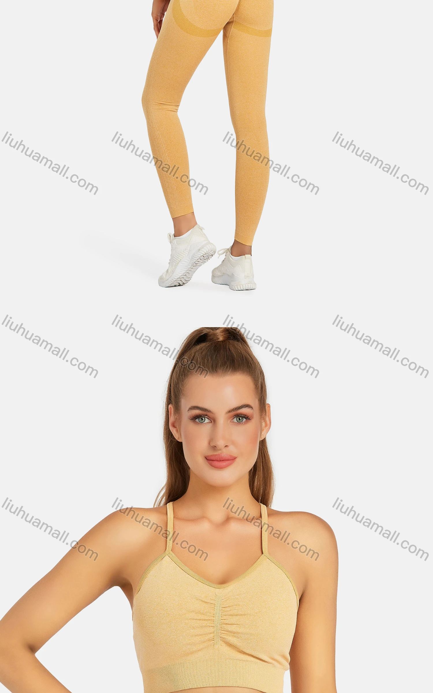 Wholesale Women's Athletic Plain Ruched Spaghetti Strap Bralettes & High Waist Leggings 2 Piece Sports Yoga Set 8035# - Liuhuamall