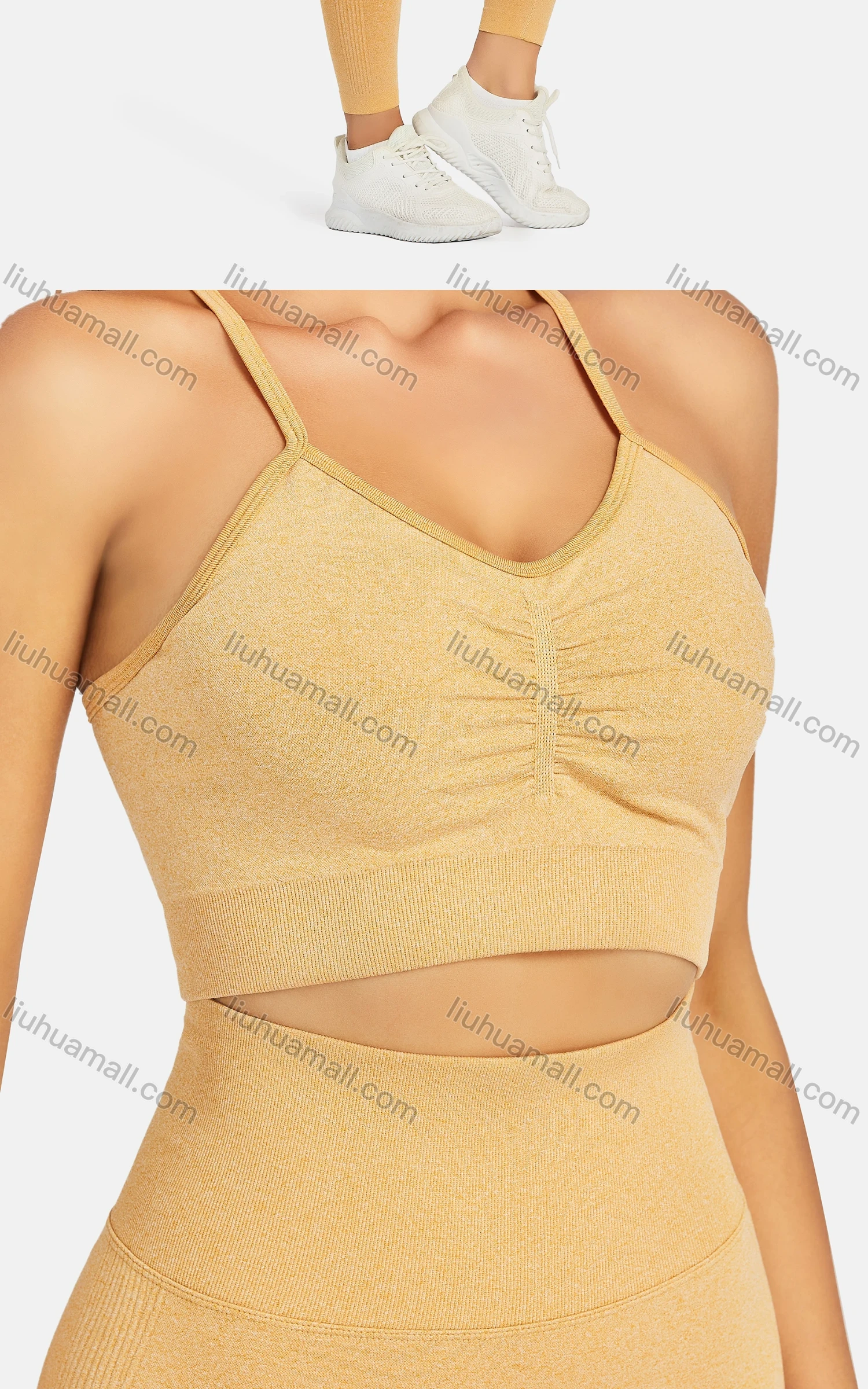 Wholesale Women's Athletic Plain Ruched Spaghetti Strap Bralettes & High Waist Leggings 2 Piece Sports Yoga Set 8035# - Liuhuamall