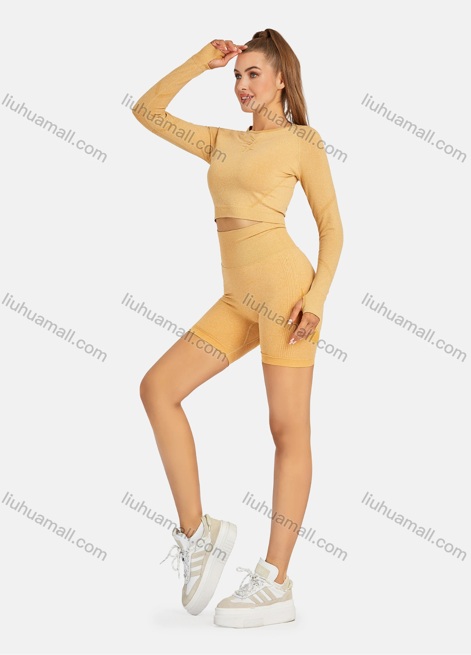 Wholesale Women's Athletic Plain Round Neck Long Sleeve Crop Tops & High Waist Biker Shorts 2 Piece Sports Yoga Set 8037# - Liuhuamall