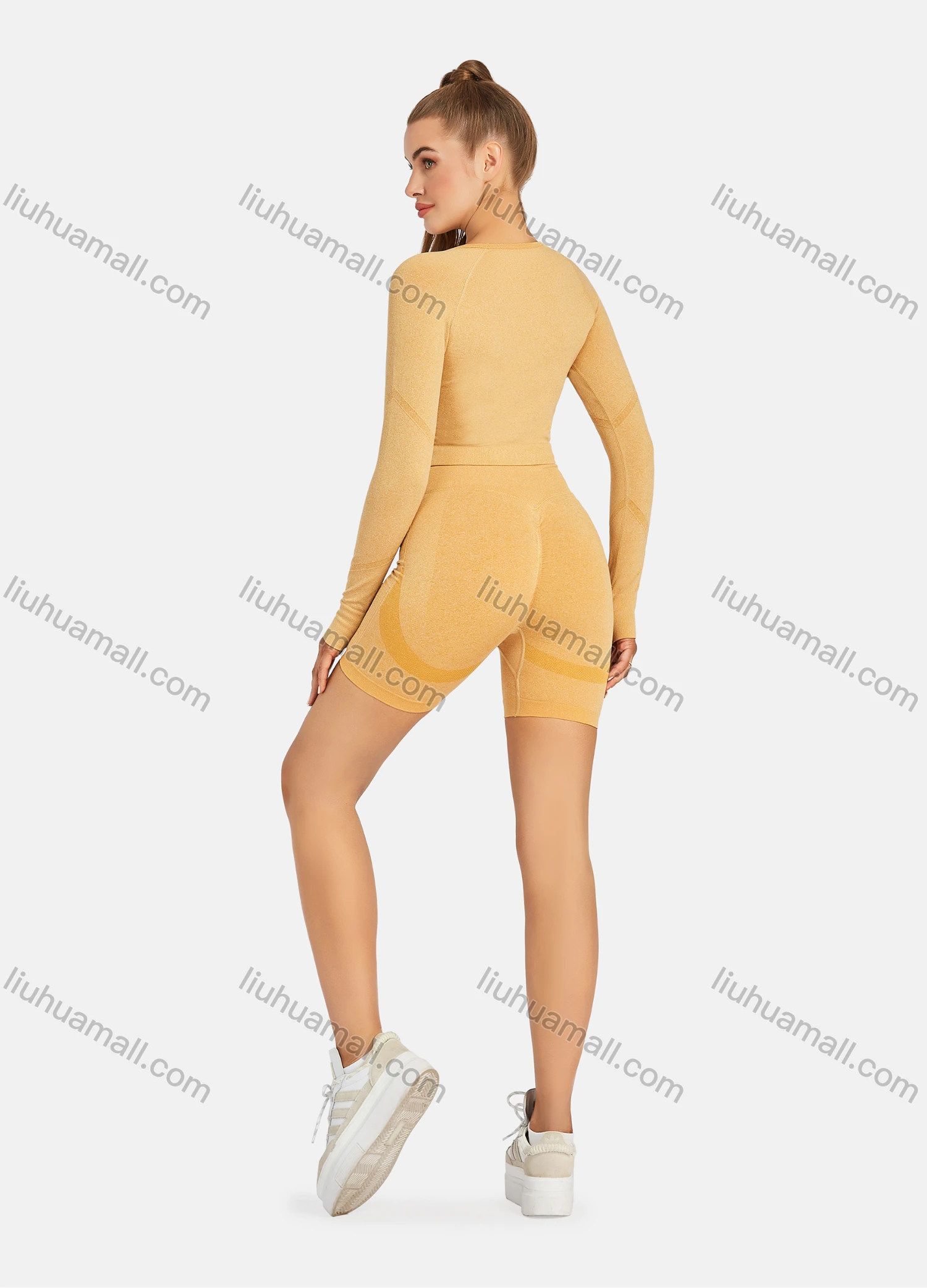 Wholesale Women's Athletic Plain Round Neck Long Sleeve Crop Tops & High Waist Biker Shorts 2 Piece Sports Yoga Set 8037# - Liuhuamall