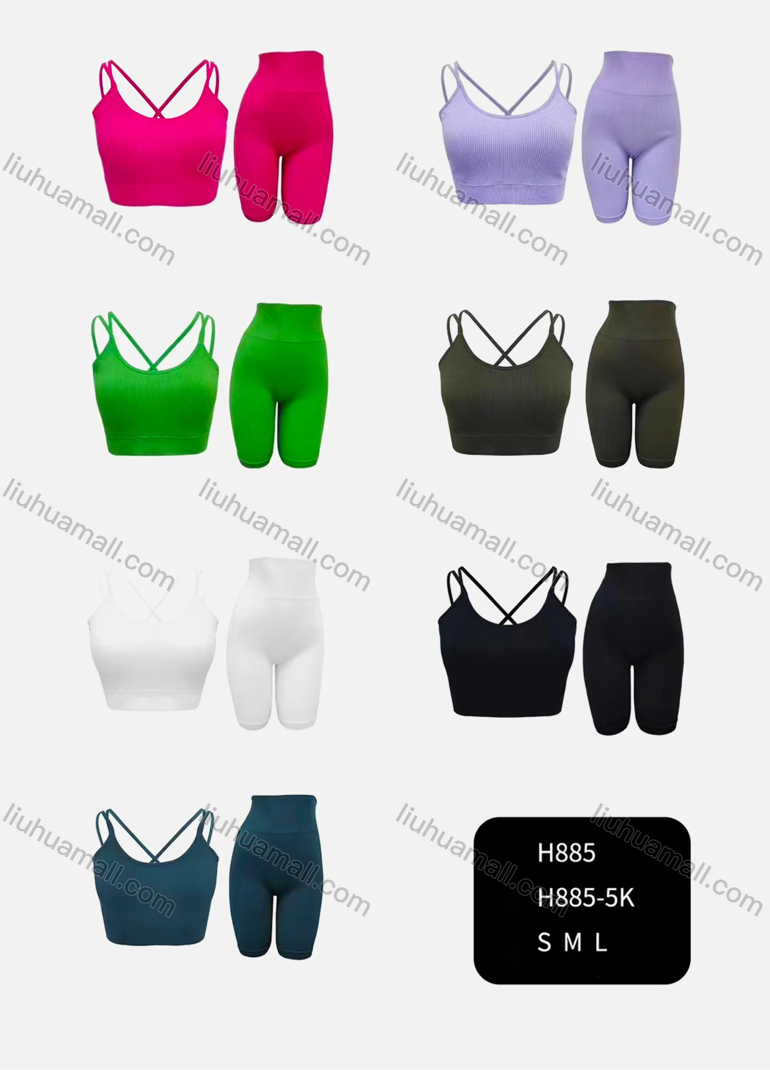Wholesale Women's Athletic Ribbed Double Spaghetti Straps Bralette & High Waist Biker Short 2 Piece Sports Yoga Set H885# - Liuhuamall