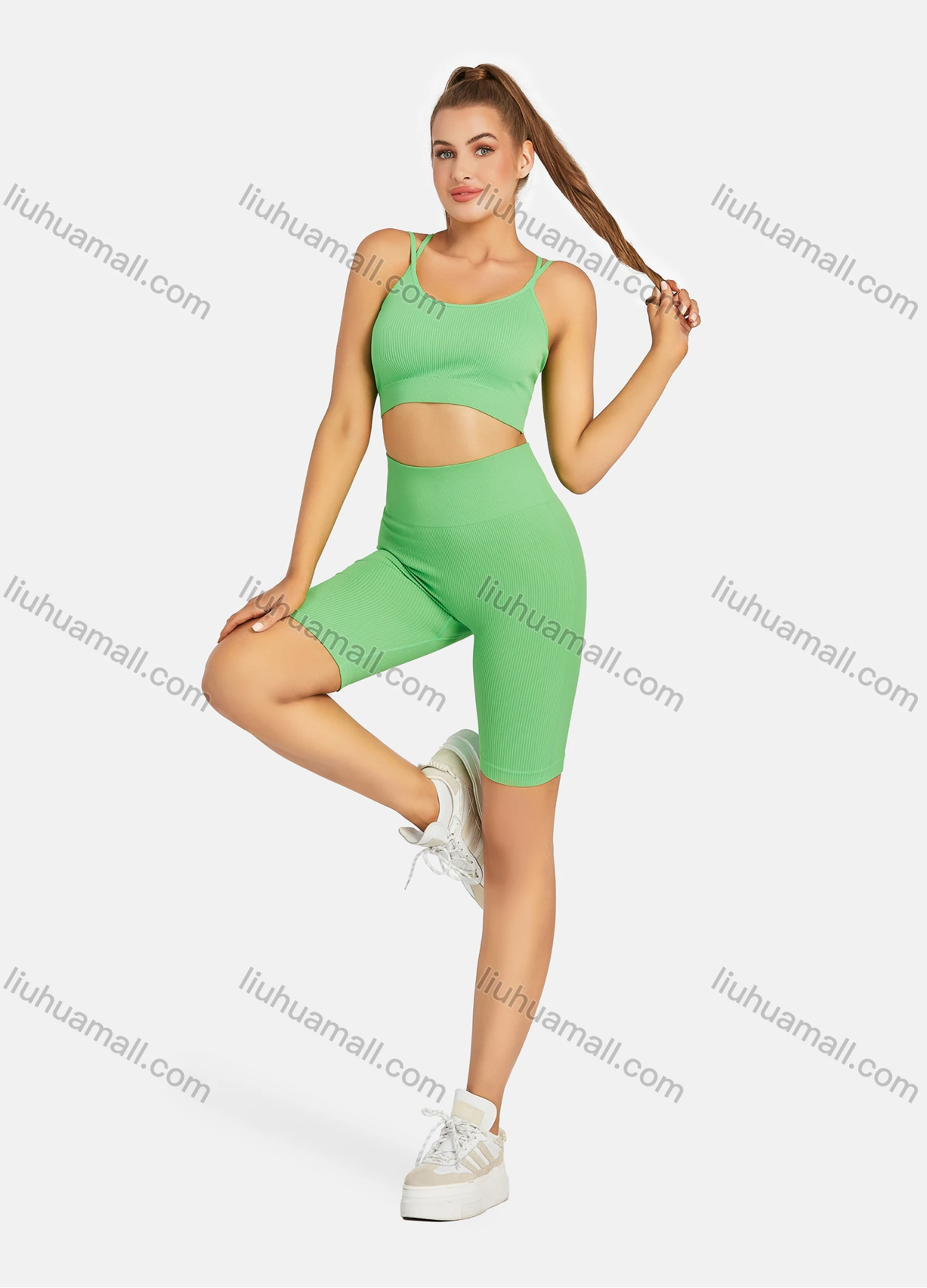 Wholesale Women's Athletic Ribbed Double Spaghetti Straps Bralette & High Waist Biker Short 2 Piece Sports Yoga Set H885# - Liuhuamall