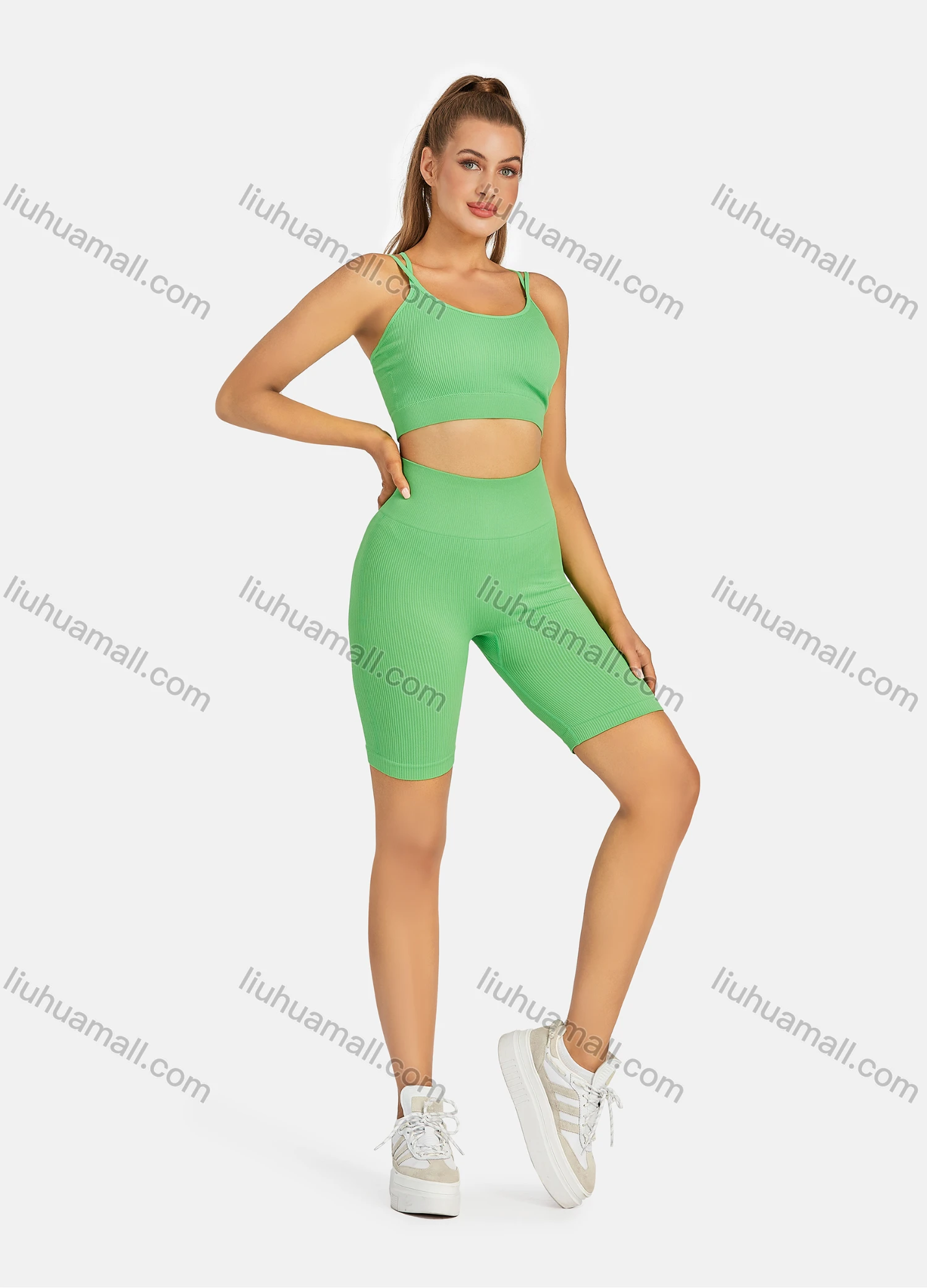 Wholesale Women's Athletic Ribbed Double Spaghetti Straps Bralette & High Waist Biker Short 2 Piece Sports Yoga Set H885# - Liuhuamall