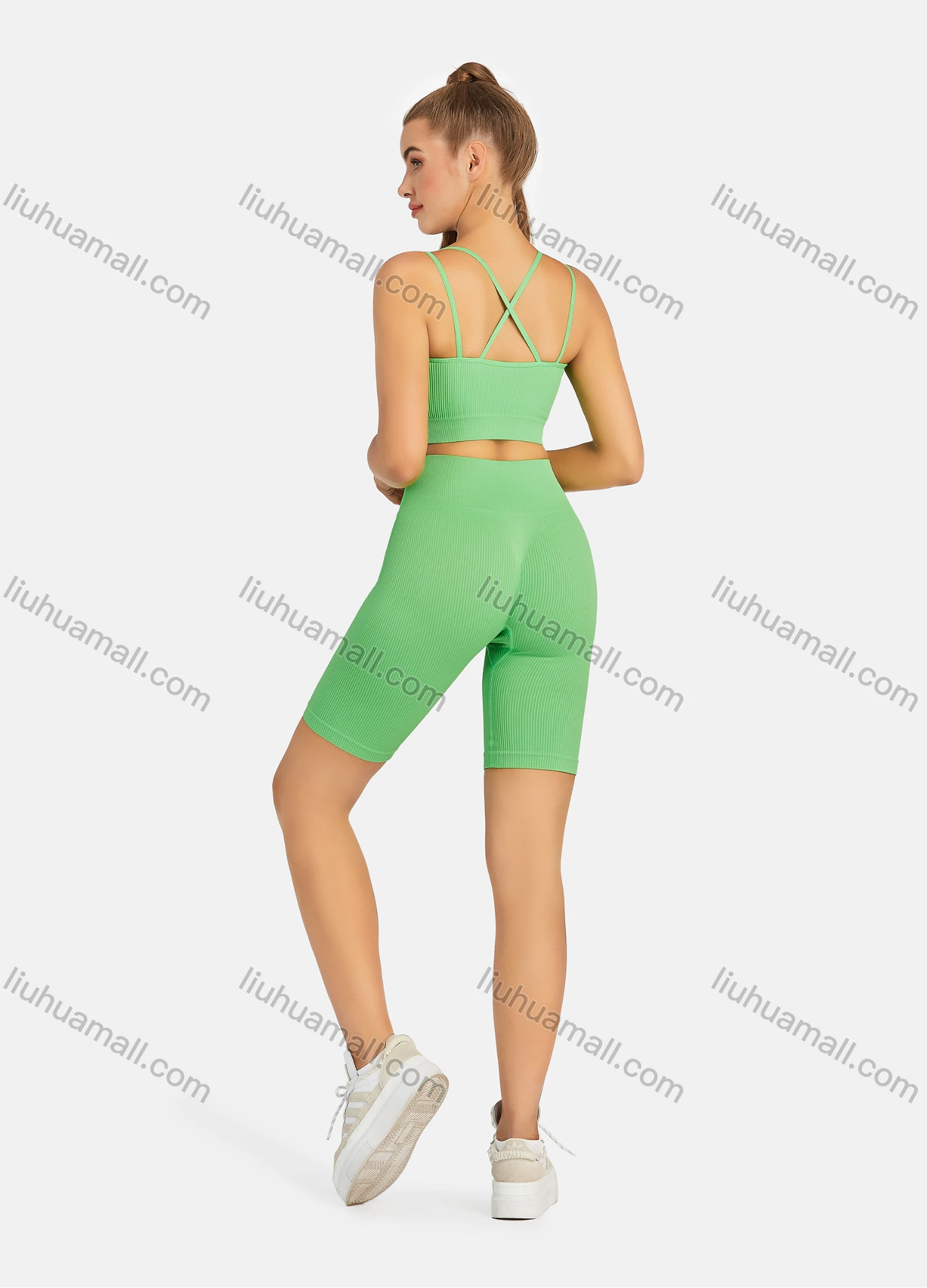 Wholesale Women's Athletic Ribbed Double Spaghetti Straps Bralette & High Waist Biker Short 2 Piece Sports Yoga Set H885# - Liuhuamall