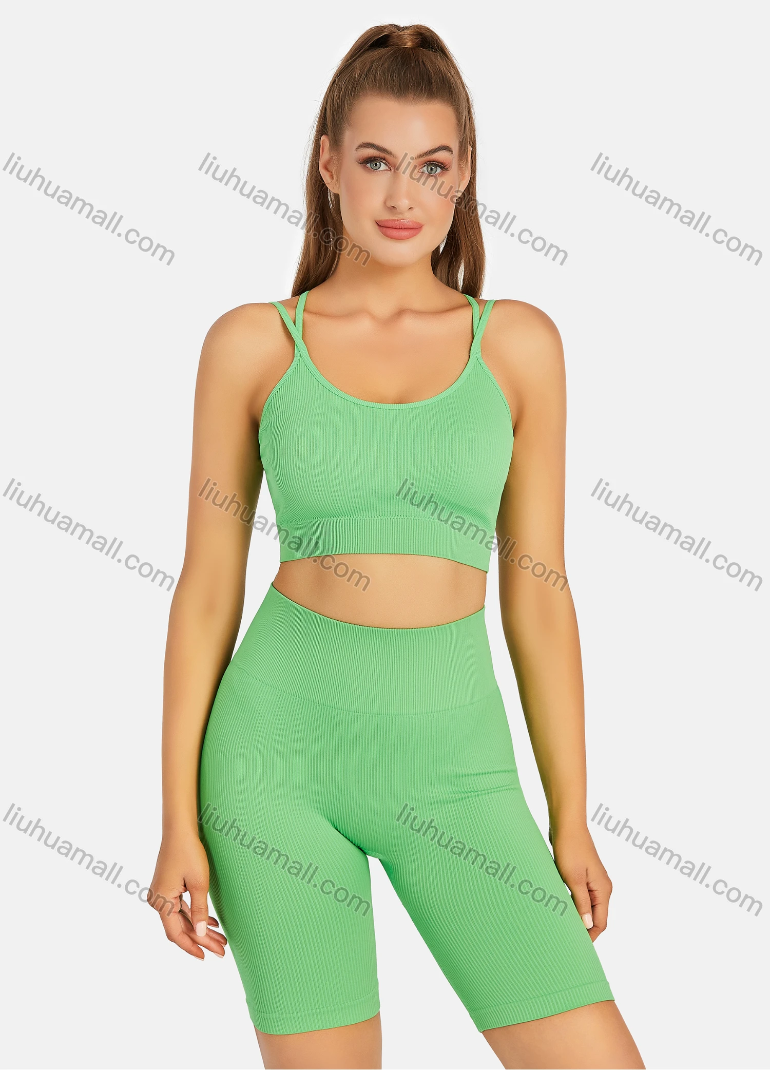 Wholesale Women's Athletic Ribbed Double Spaghetti Straps Bralette & High Waist Biker Short 2 Piece Sports Yoga Set H885# - Liuhuamall