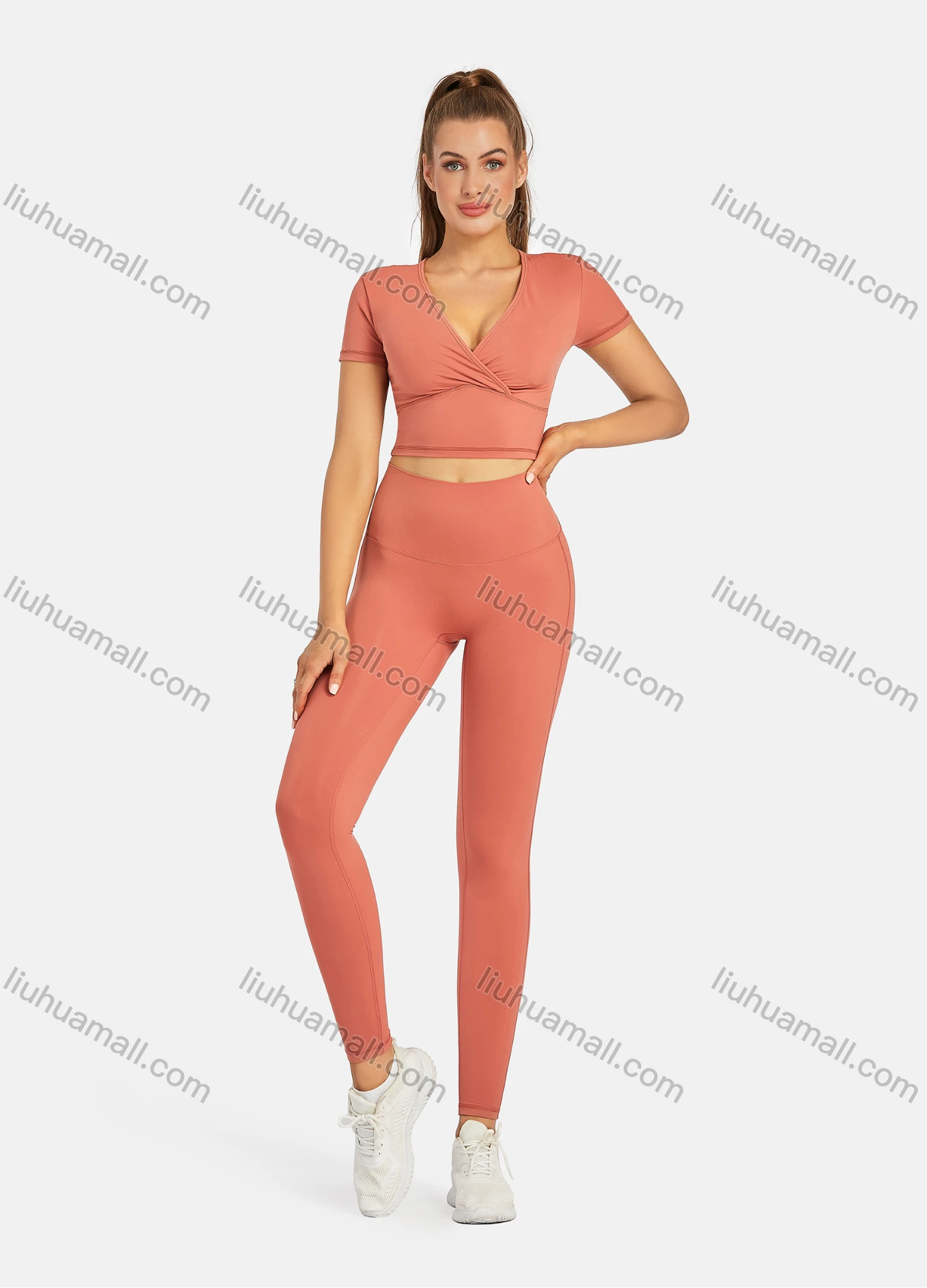 Wholesale Women's Athletic Plain Wrap V Neck Short Sleeve Crop Tops & High Waist Leggings 2 Piece Sports Yoga Set T4057# - Liuhuamall