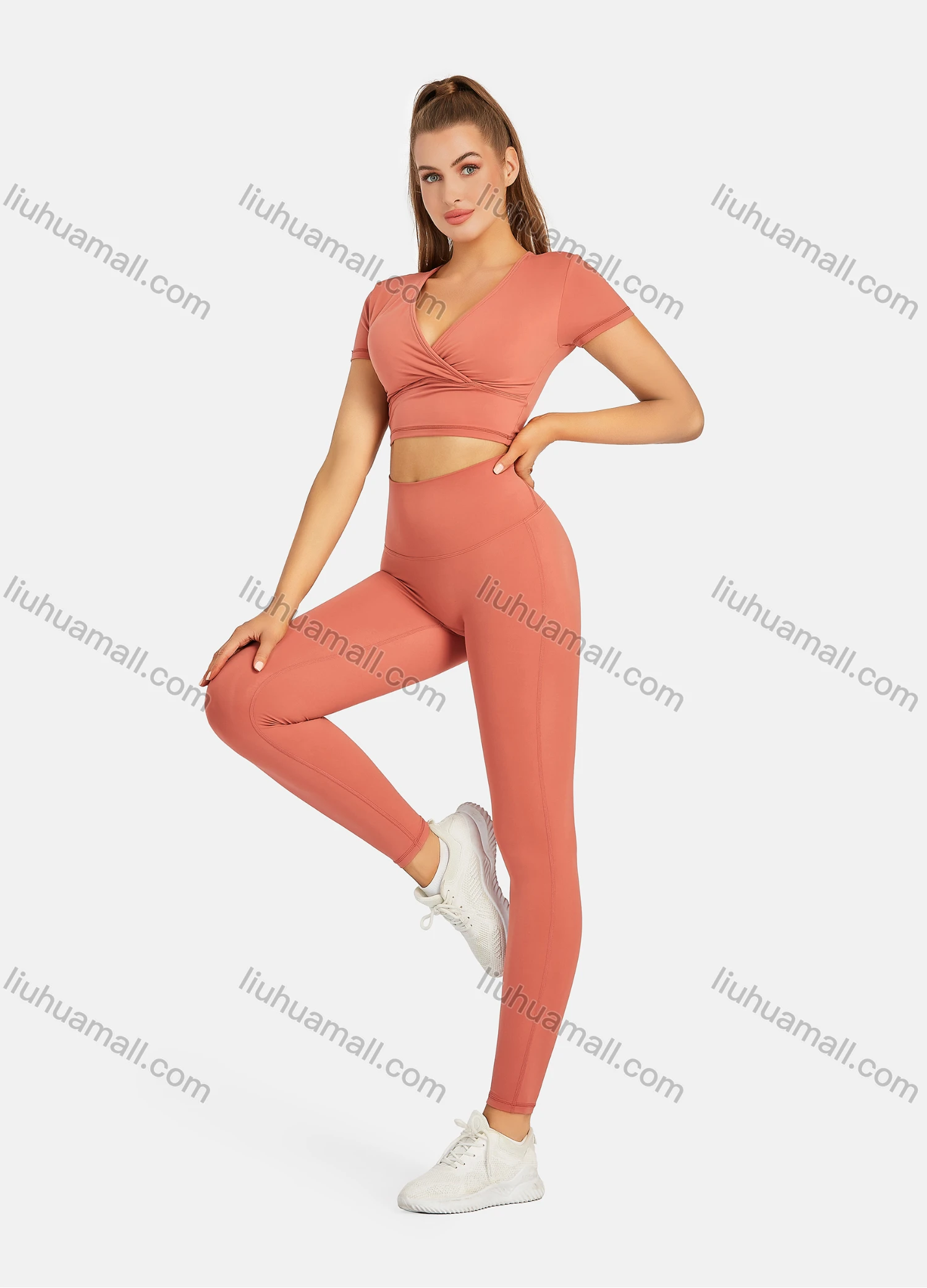 Wholesale Women's Athletic Plain Wrap V Neck Short Sleeve Crop Tops & High Waist Leggings 2 Piece Sports Yoga Set T4057# - Liuhuamall