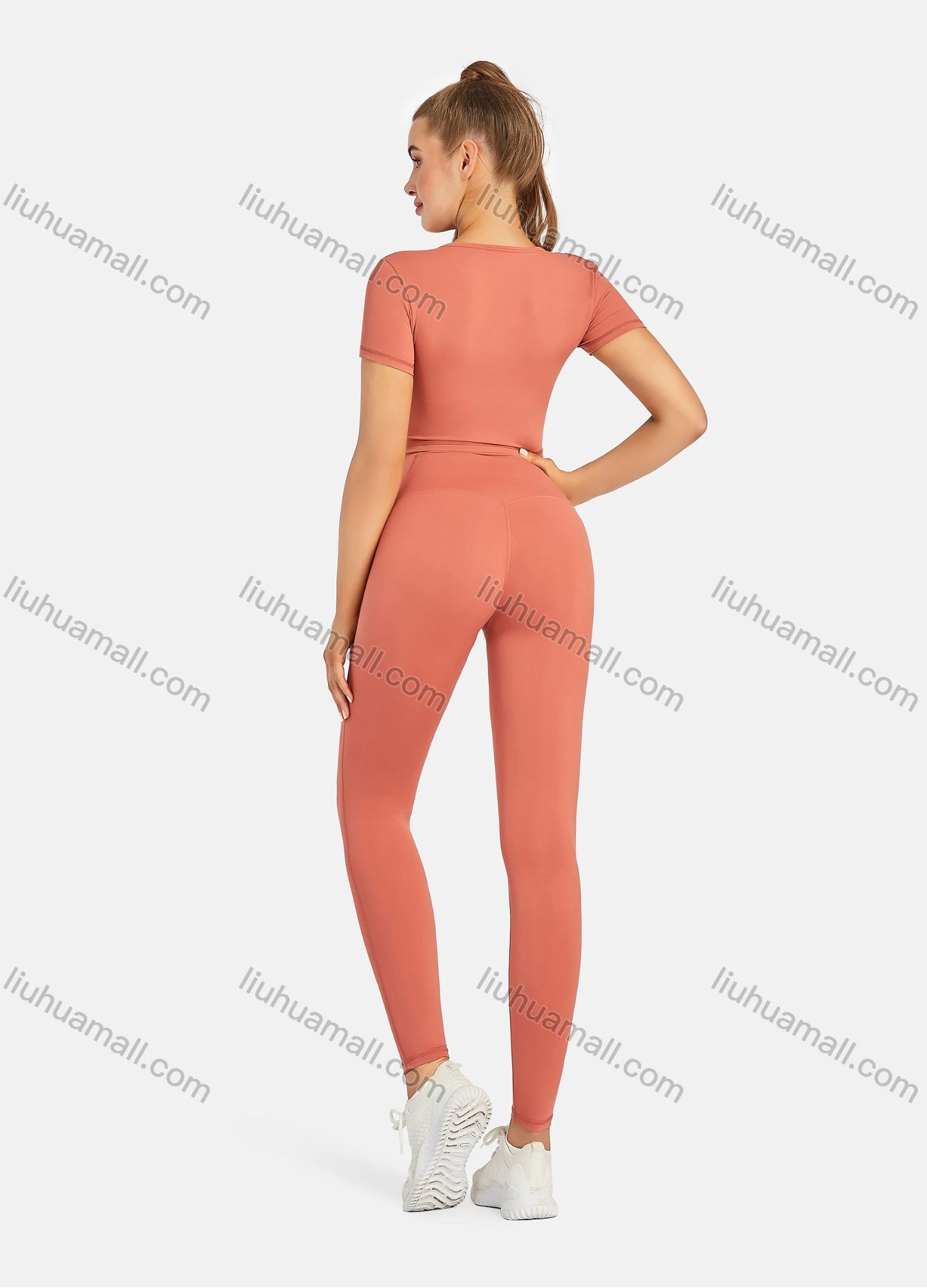 Wholesale Women's Athletic Plain Wrap V Neck Short Sleeve Crop Tops & High Waist Leggings 2 Piece Sports Yoga Set T4057# - Liuhuamall