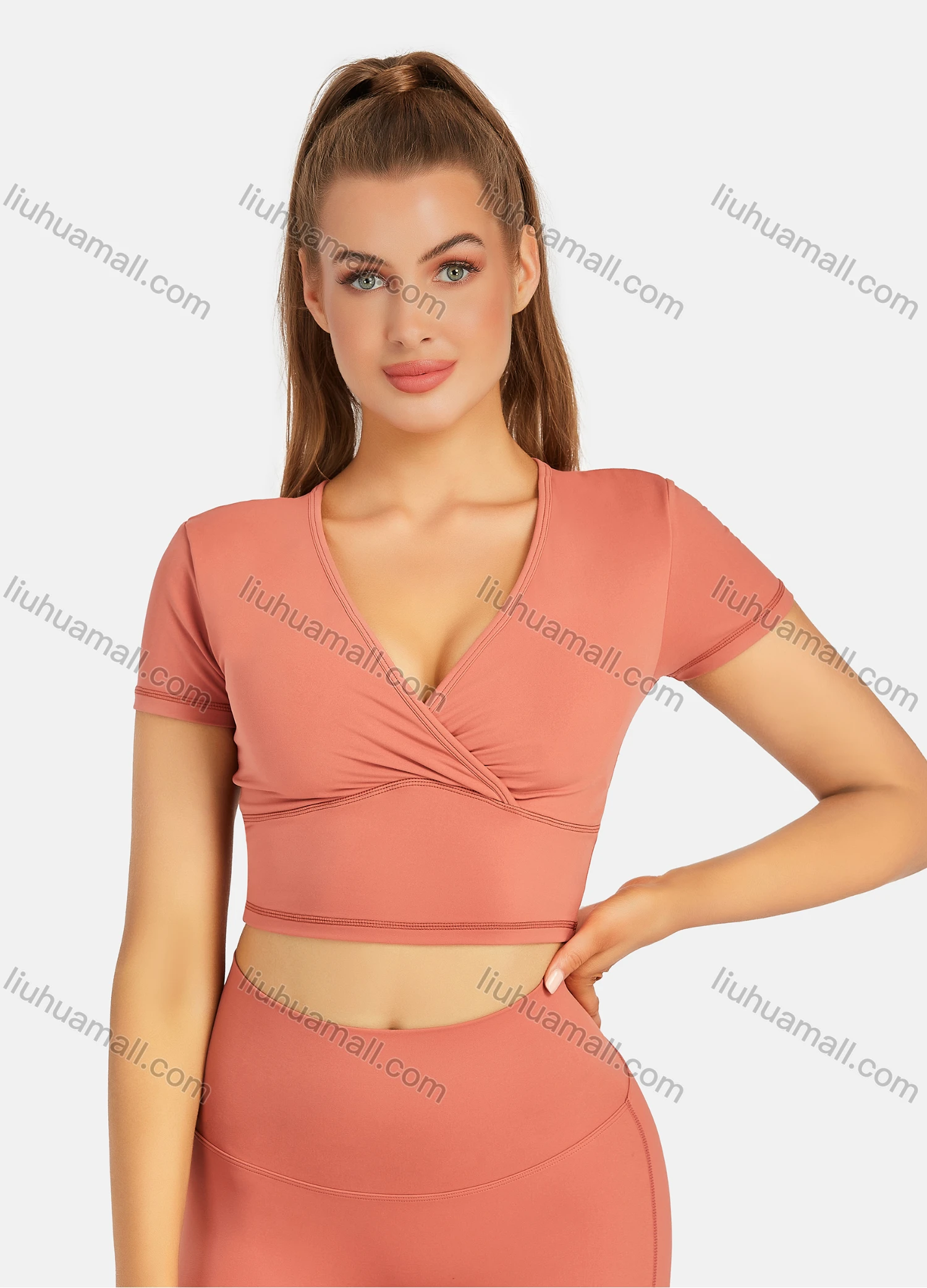 Wholesale Women's Athletic Plain Wrap V Neck Short Sleeve Crop Tops & High Waist Leggings 2 Piece Sports Yoga Set T4057# - Liuhuamall