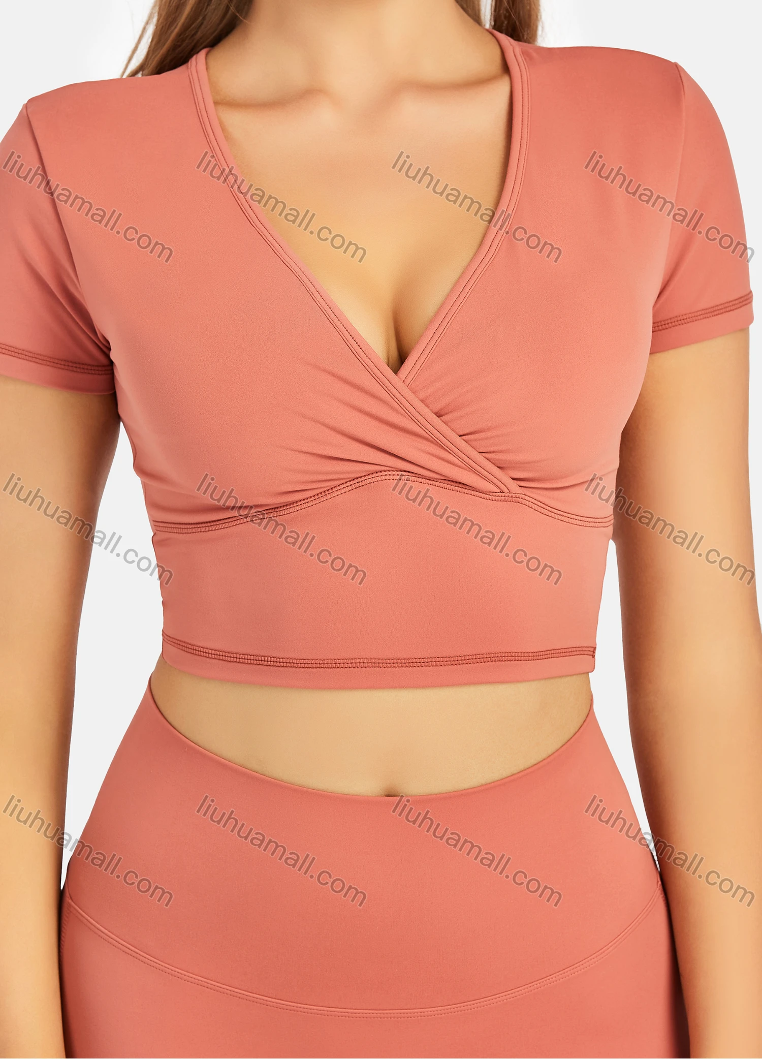 Wholesale Women's Athletic Plain Wrap V Neck Short Sleeve Crop Tops & High Waist Leggings 2 Piece Sports Yoga Set T4057# - Liuhuamall