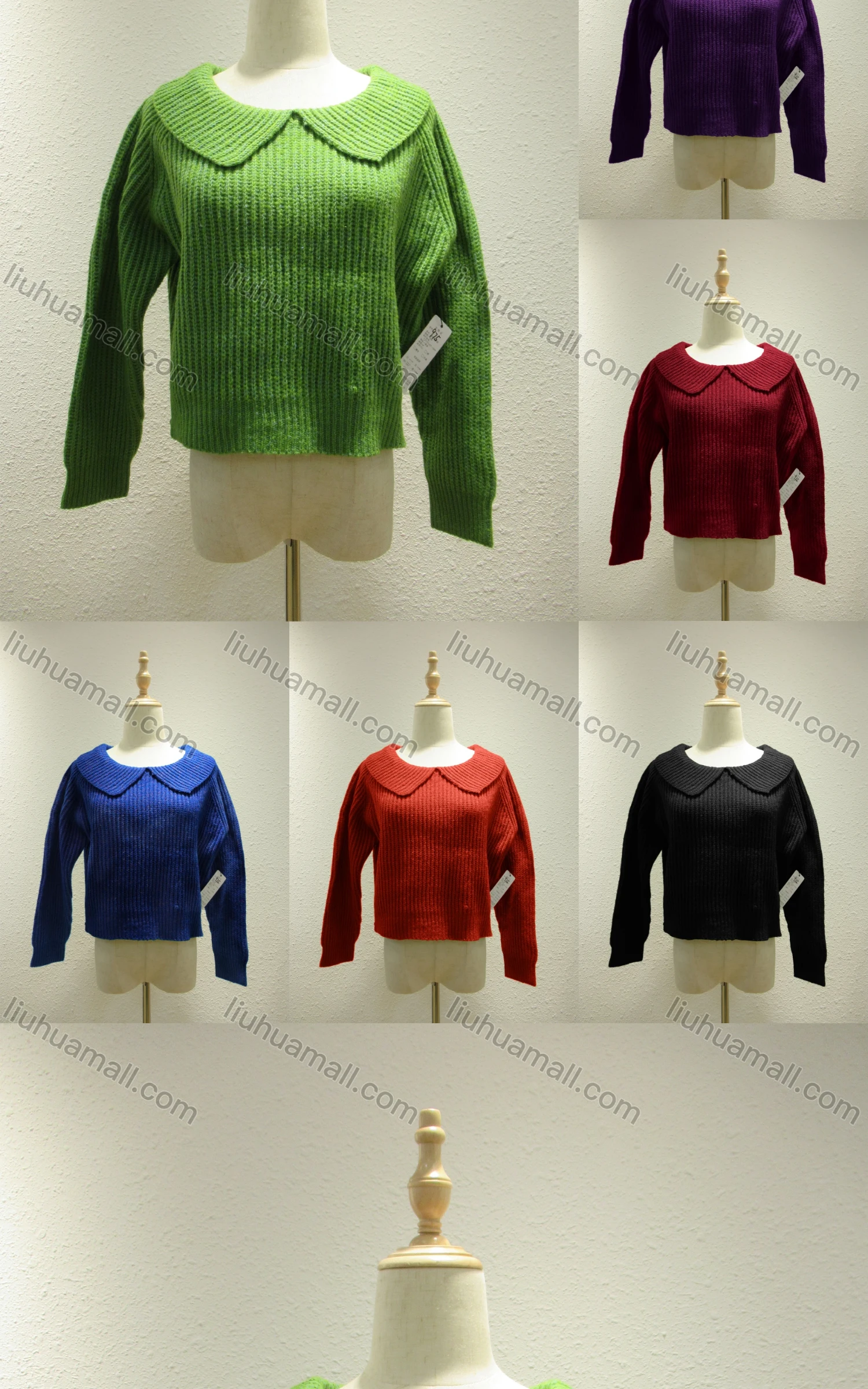 Wholesale Women's Casual Plain Peter Pan Collar Long Sleeve Rib-knit Sweater 975# - Liuhuamall