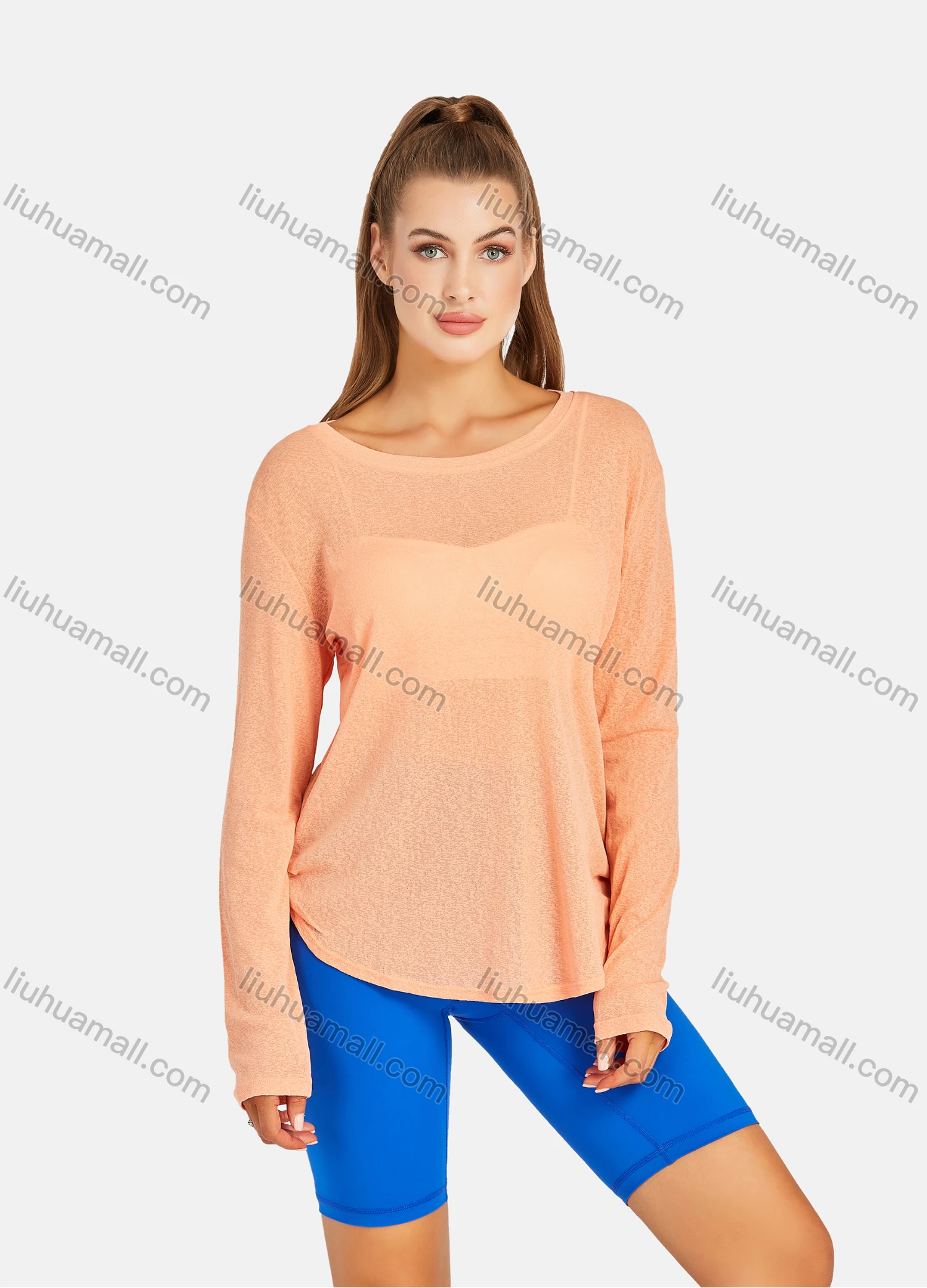 Wholesale Women's Sporty Plain Semi-sheer Extra Long Sleeve Curved Hem Tee 3045# - Liuhuamall