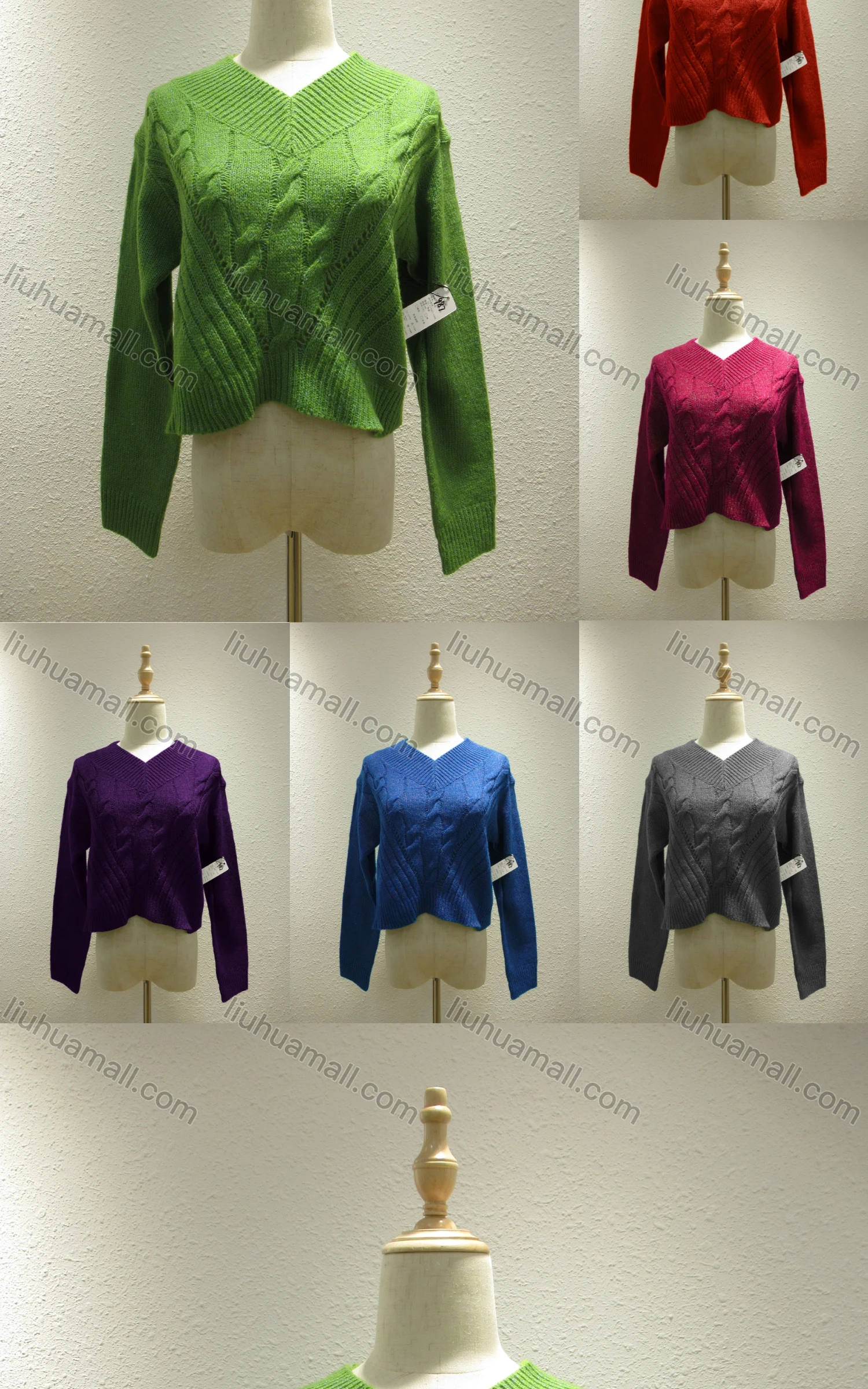 Wholesale Women's Casual Plain V Neck Long Sleeve Cable Knit Sweater 987# - Liuhuamall