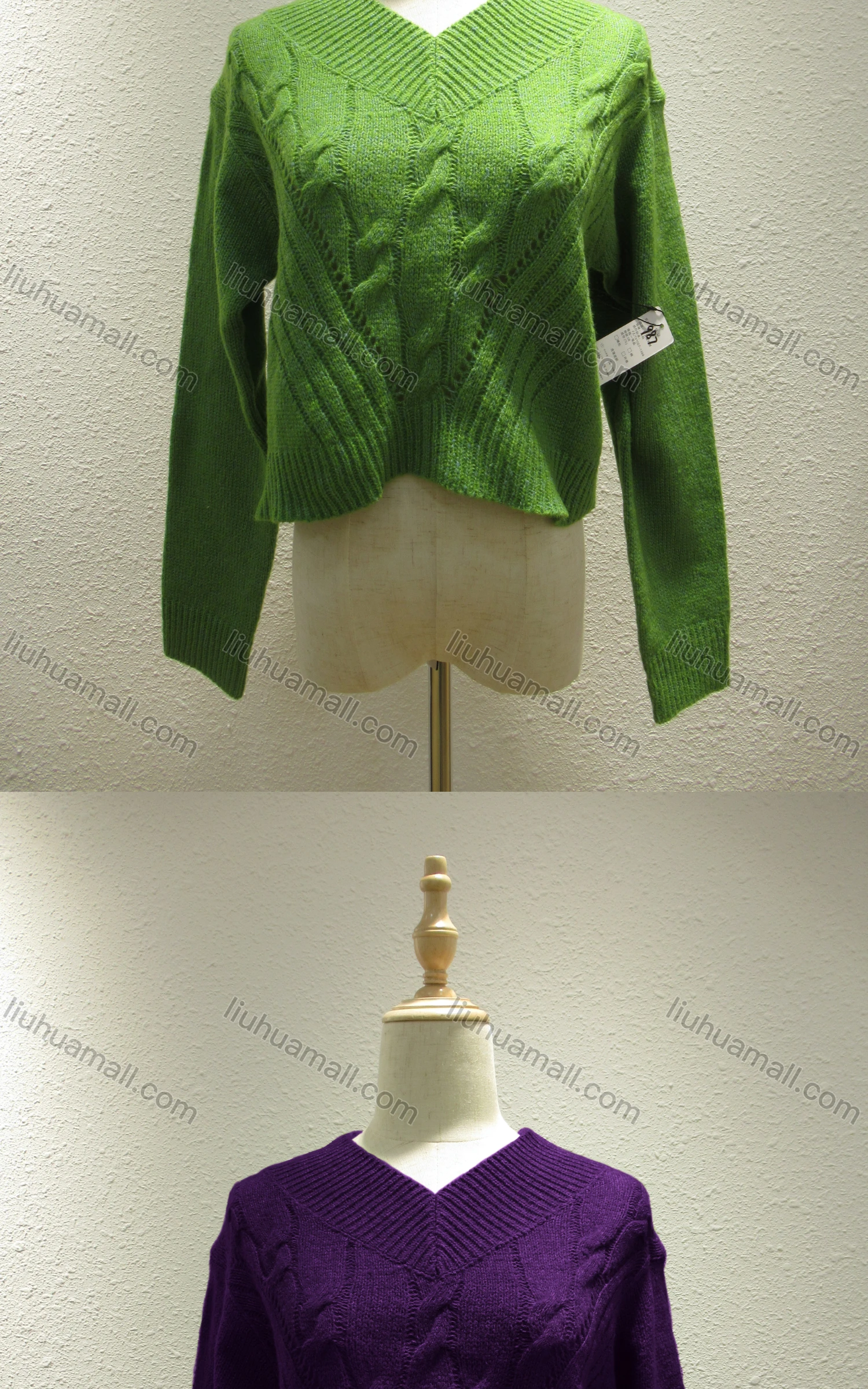 Wholesale Women's Casual Plain V Neck Long Sleeve Cable Knit Sweater 987# - Liuhuamall