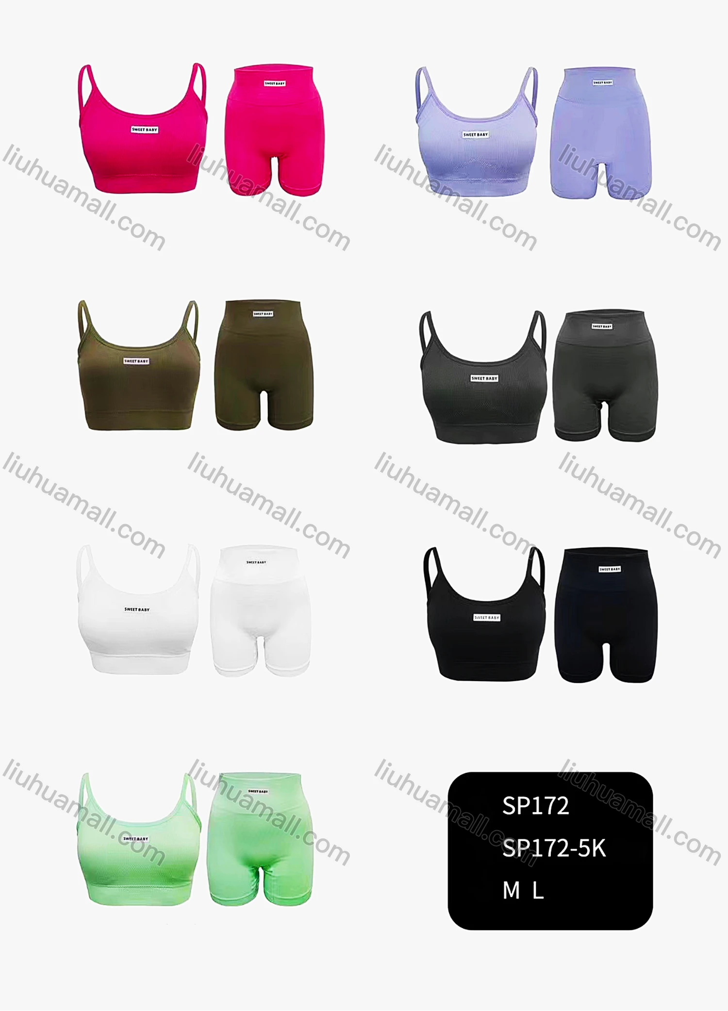 Wholesale Women's Athletic Plain Labelled Ribbed Spaghetti Strap Bralette & High Waist Biker Short 2 Piece Sports Yoga Set SP172# - Liuhuamall